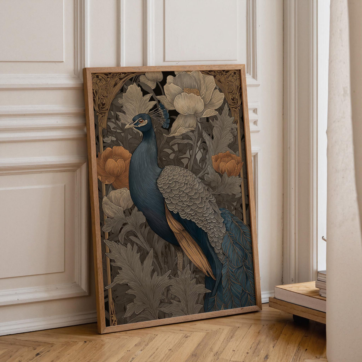 Art Nouveau Peacock Botanical Blue and Gold Wall Art by The Wall Art Studio