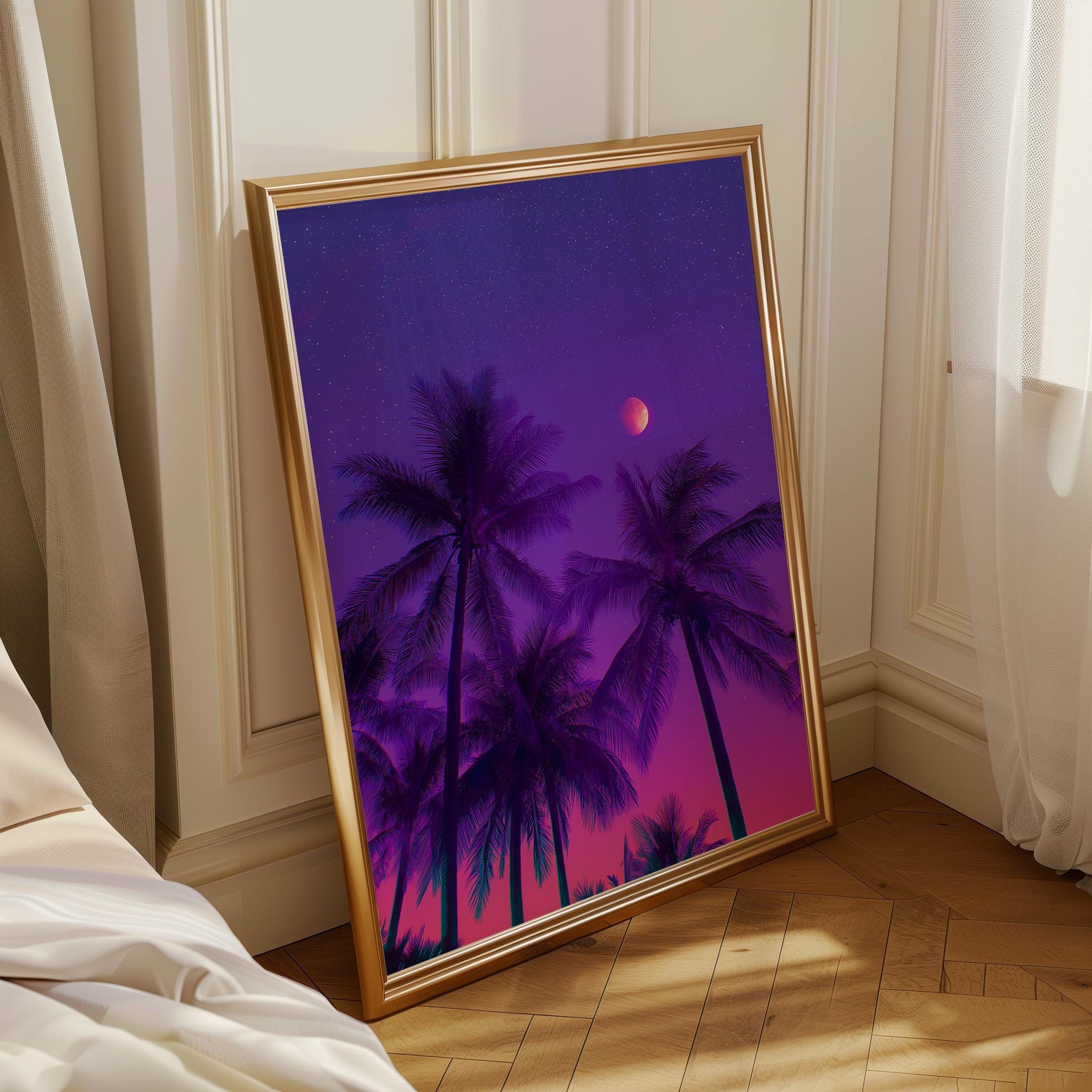 Vaporwave Palm Tree Neon Tropical Night Scene Wall Art by The Wall Art Studio