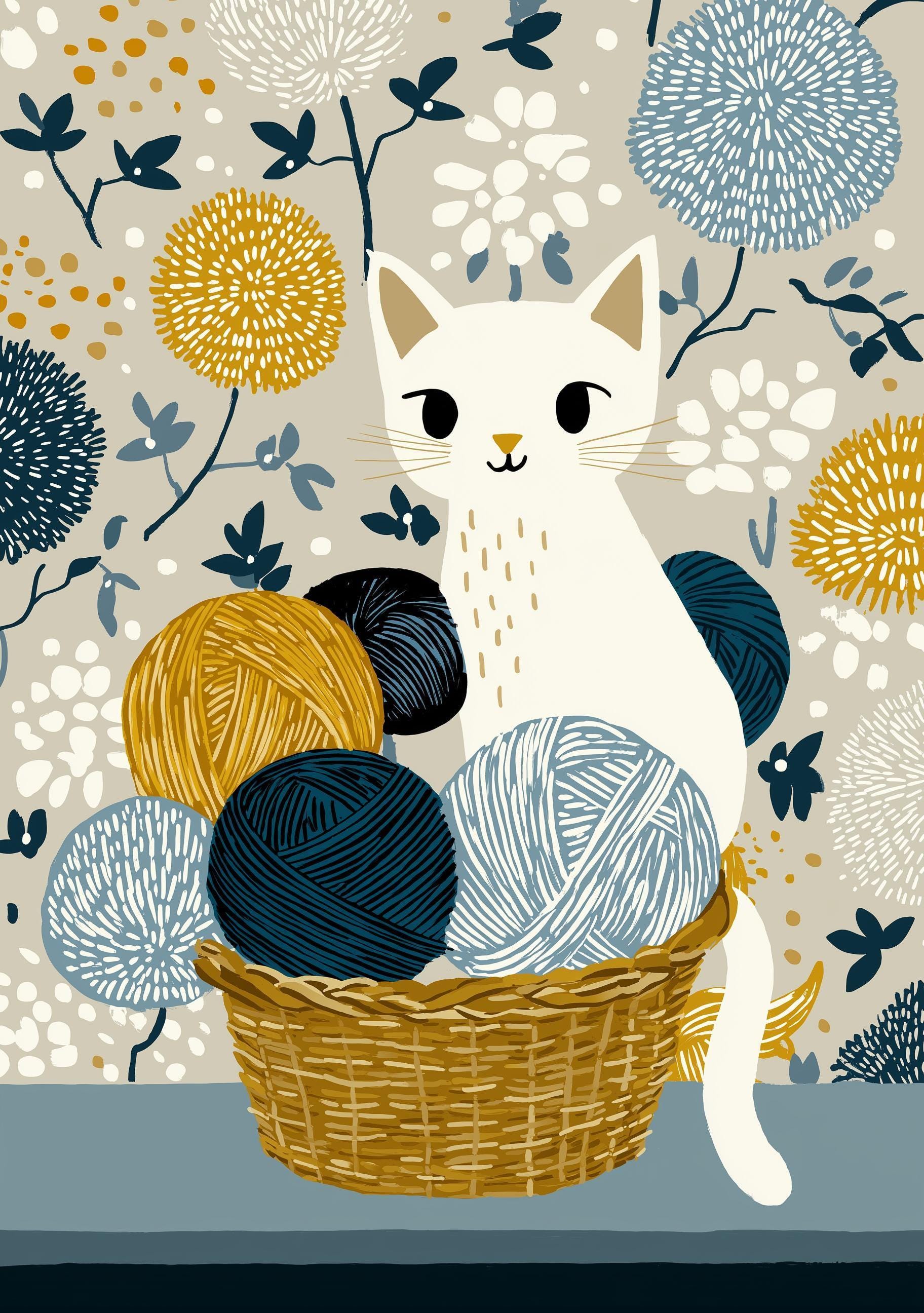 Cat Yarn Basket Knitting Cat Cozy Nursery Wall Art by The Wall Art Studio