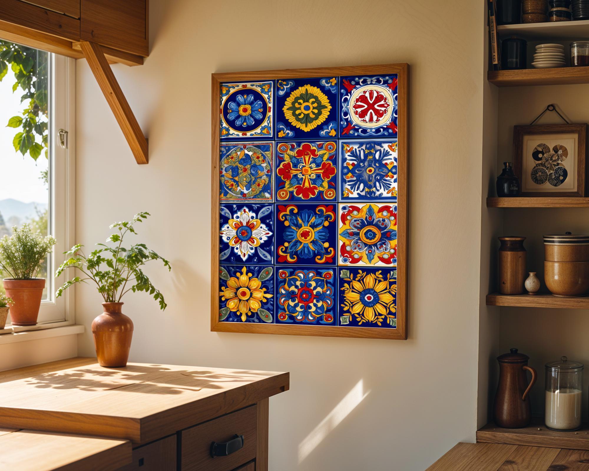 Talavera Tile Mexican Floral Pattern Colourful Folk Wall Art by The Wall Art Studio