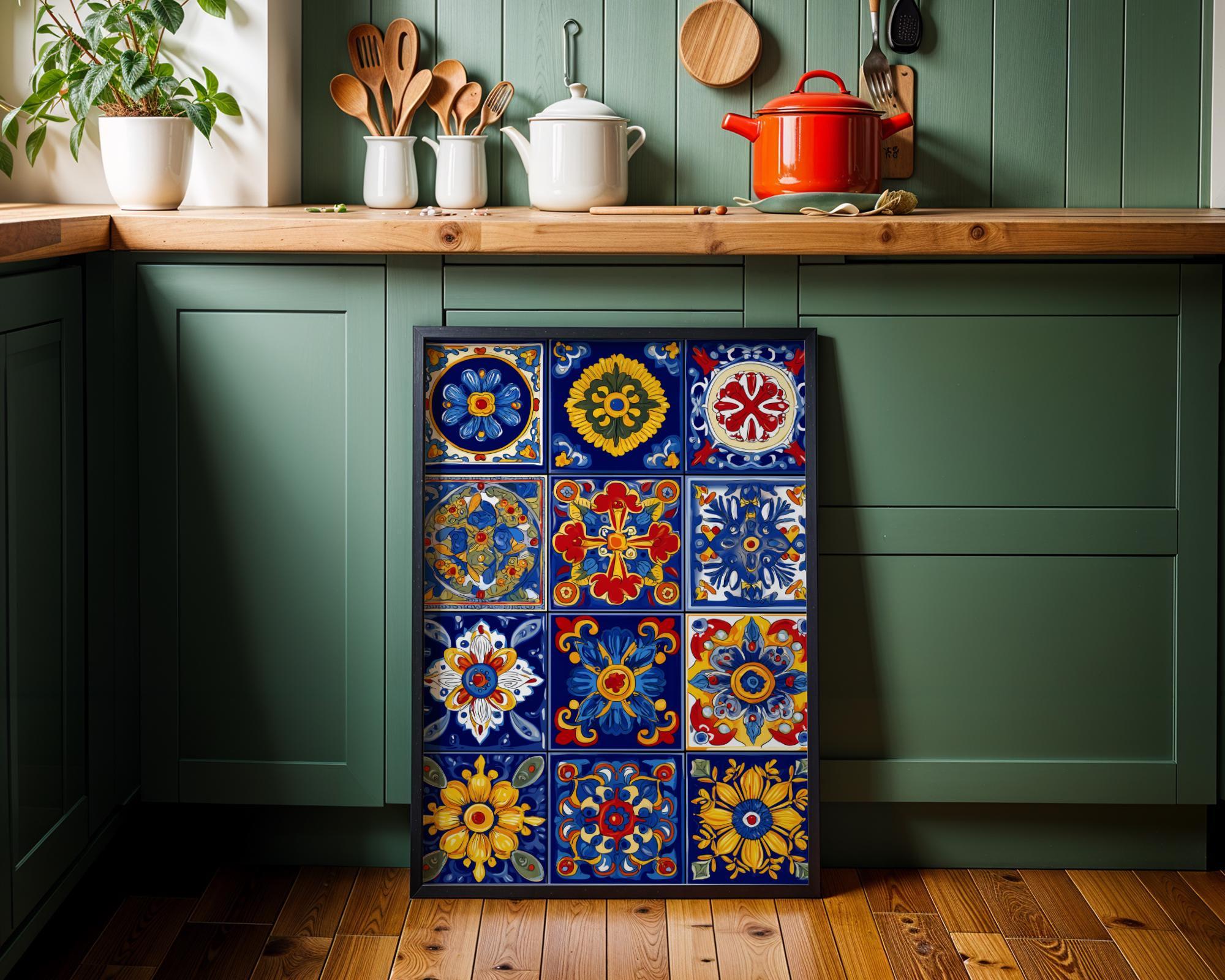Talavera Tile Mexican Floral Pattern Colourful Folk Wall Art by The Wall Art Studio
