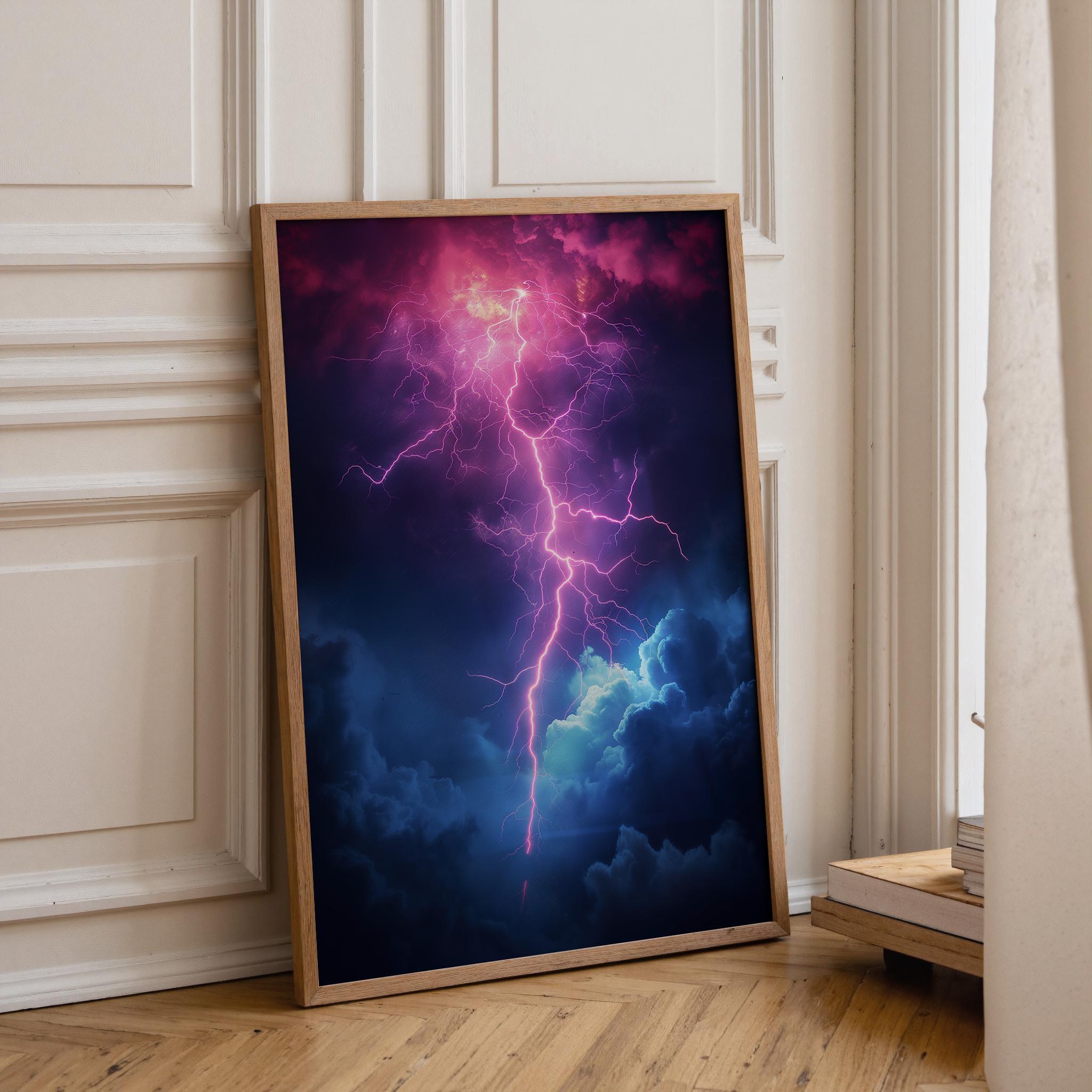 1980s Neon Lightning Retro Synthwave Storm Wall Art by The Wall Art Studio