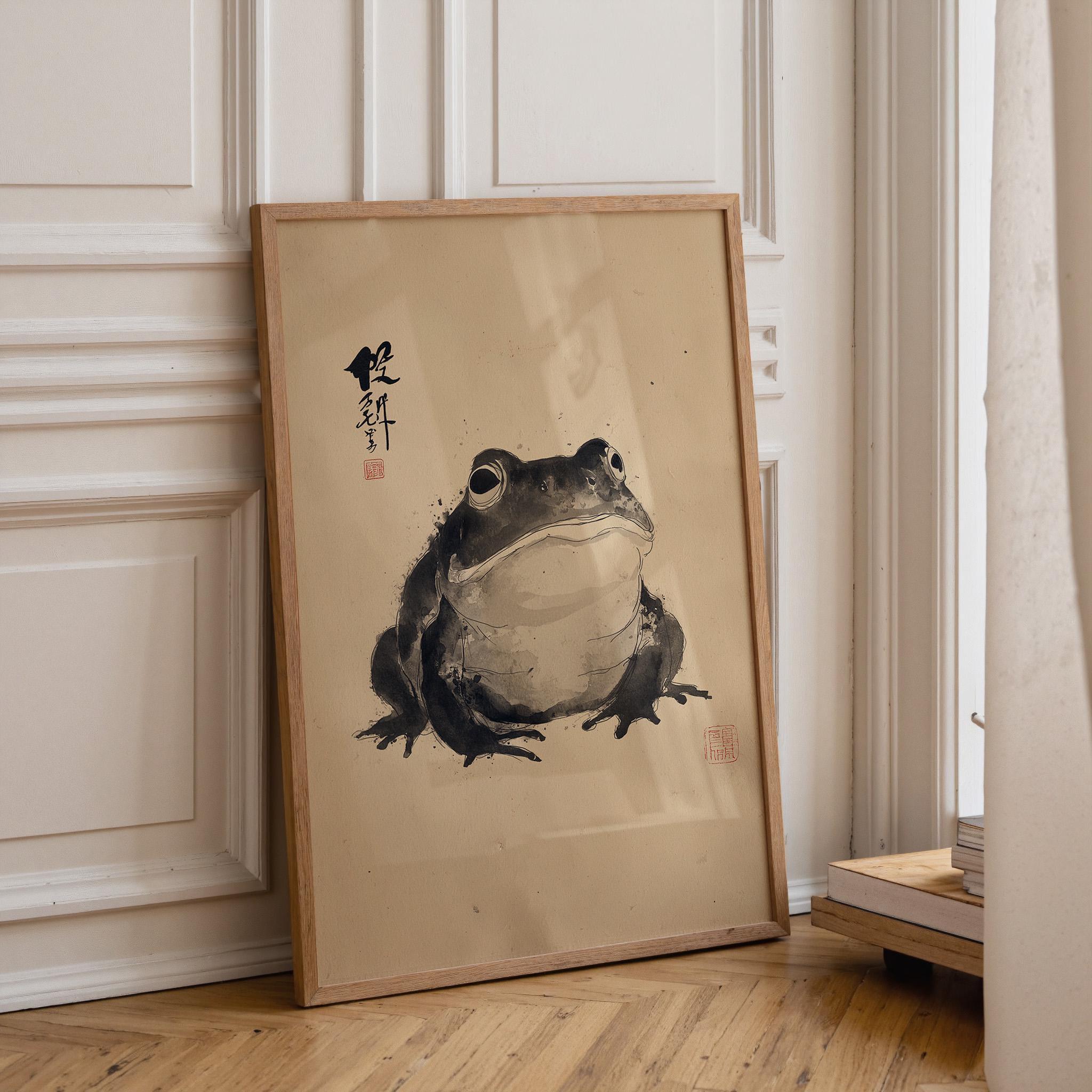 Zen Frog Ink Japanese Sumi-e Black and White Wabi-Sabi Wall Art by The Wall Art Studio