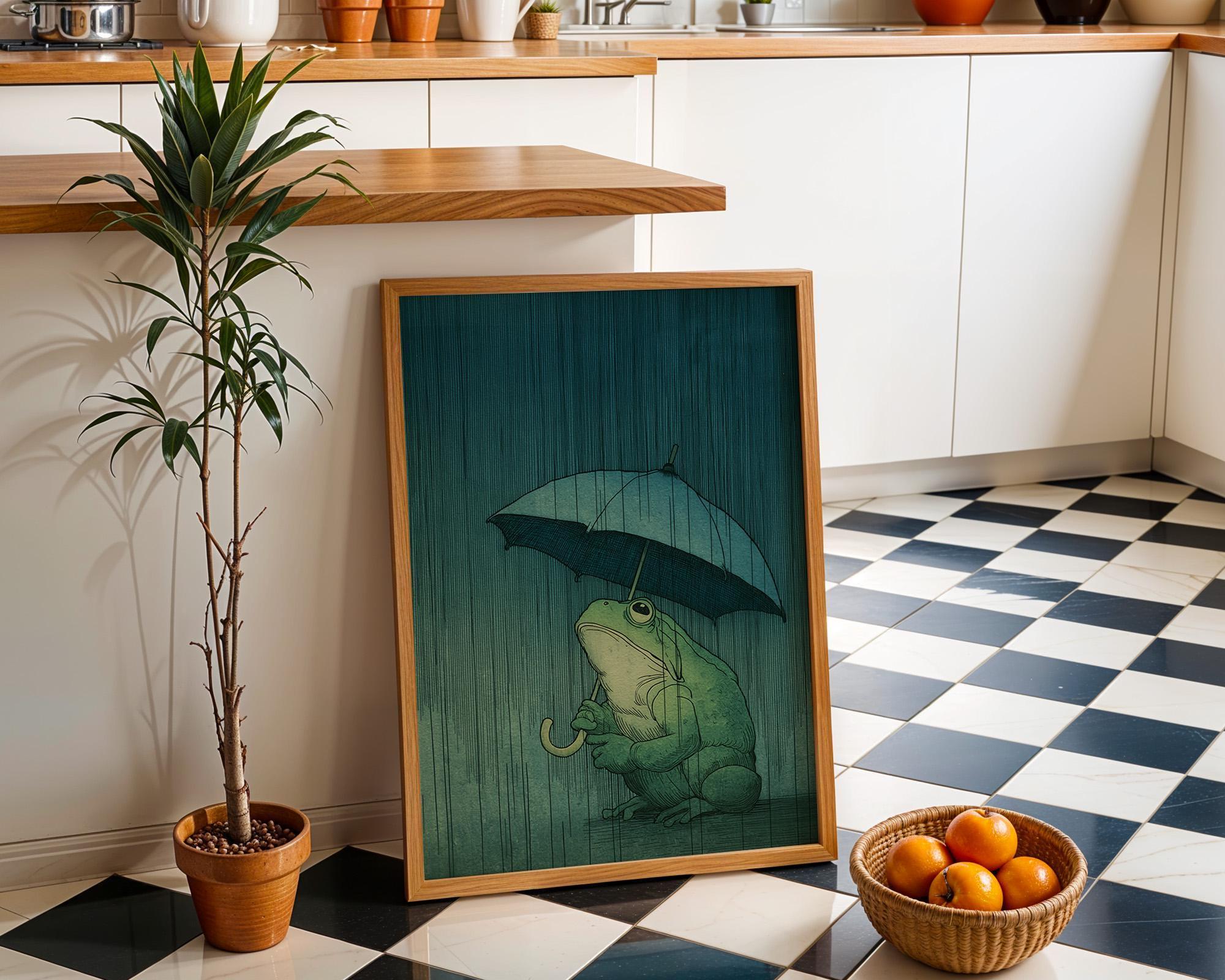 Frog With Umbrella Wall Art Japanese Style Moody Rain Wall Art by The Wall Art Studio