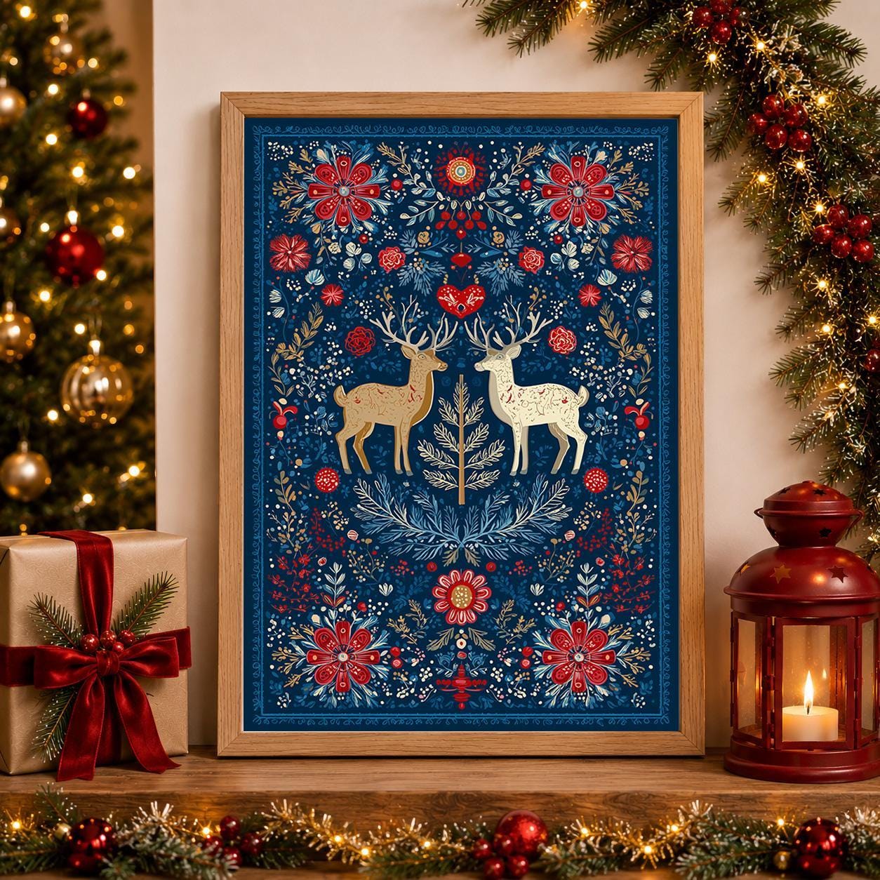 Scandinavian Christmas Nordic Folk Art Reindeer Blue & Red Wall Art by The Wall Art Studio