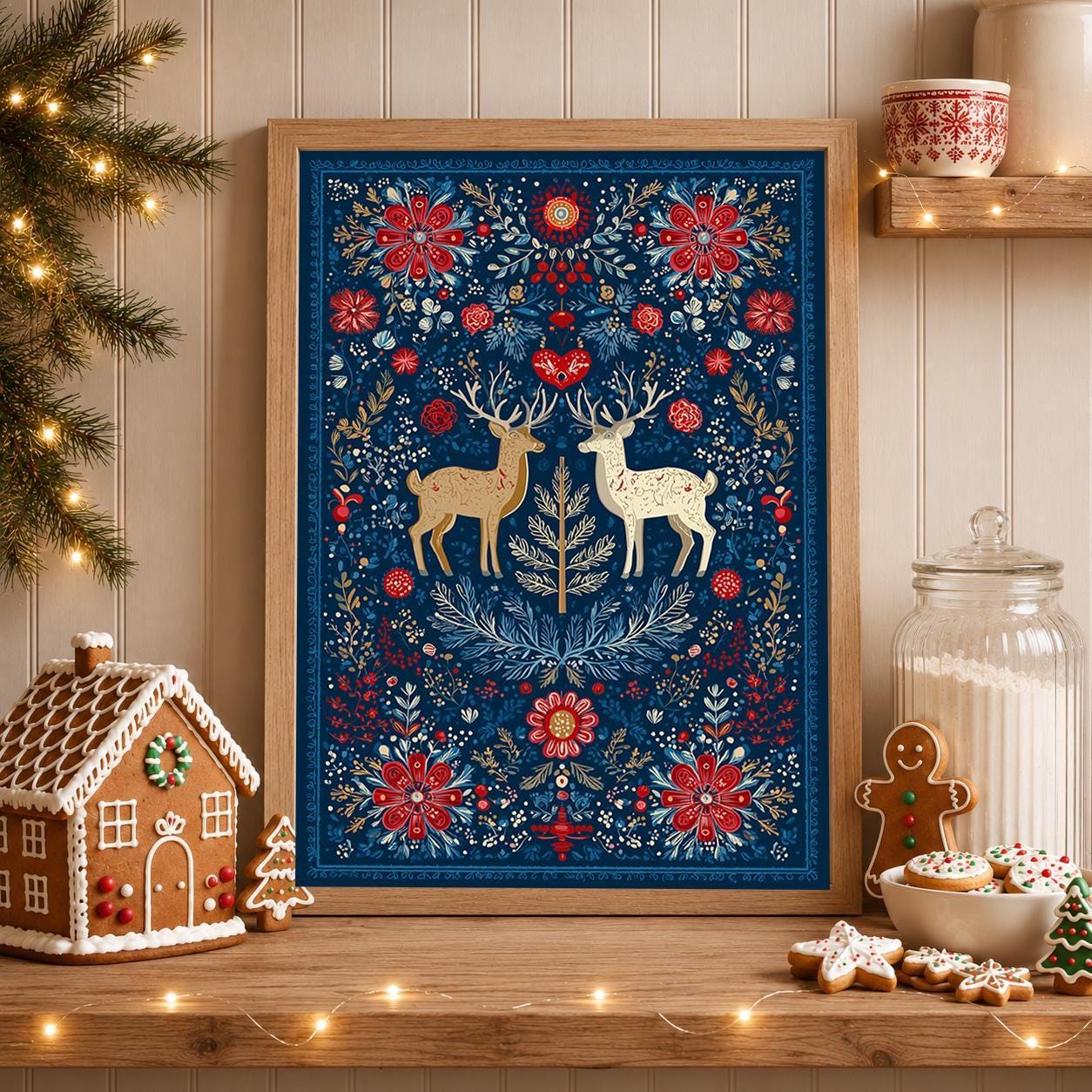 Scandinavian Christmas Nordic Folk Art Reindeer Blue & Red Wall Art by The Wall Art Studio