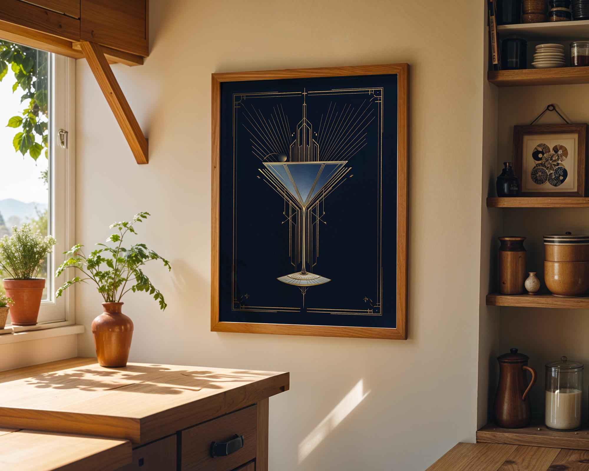 Art Deco Cocktail Wall Art Print, Minimalist Martini Illustration, Blue and Gold Bar Décor