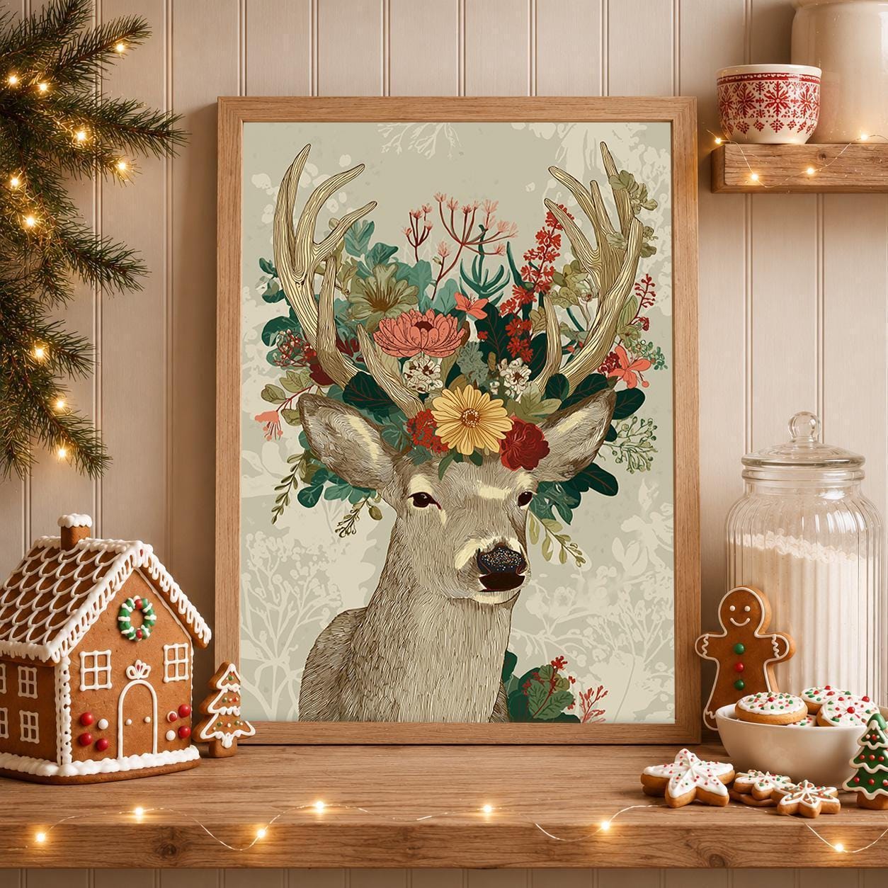 Floral Deer Scandinavian Christmas Wall Art by The Wall Art Studio
