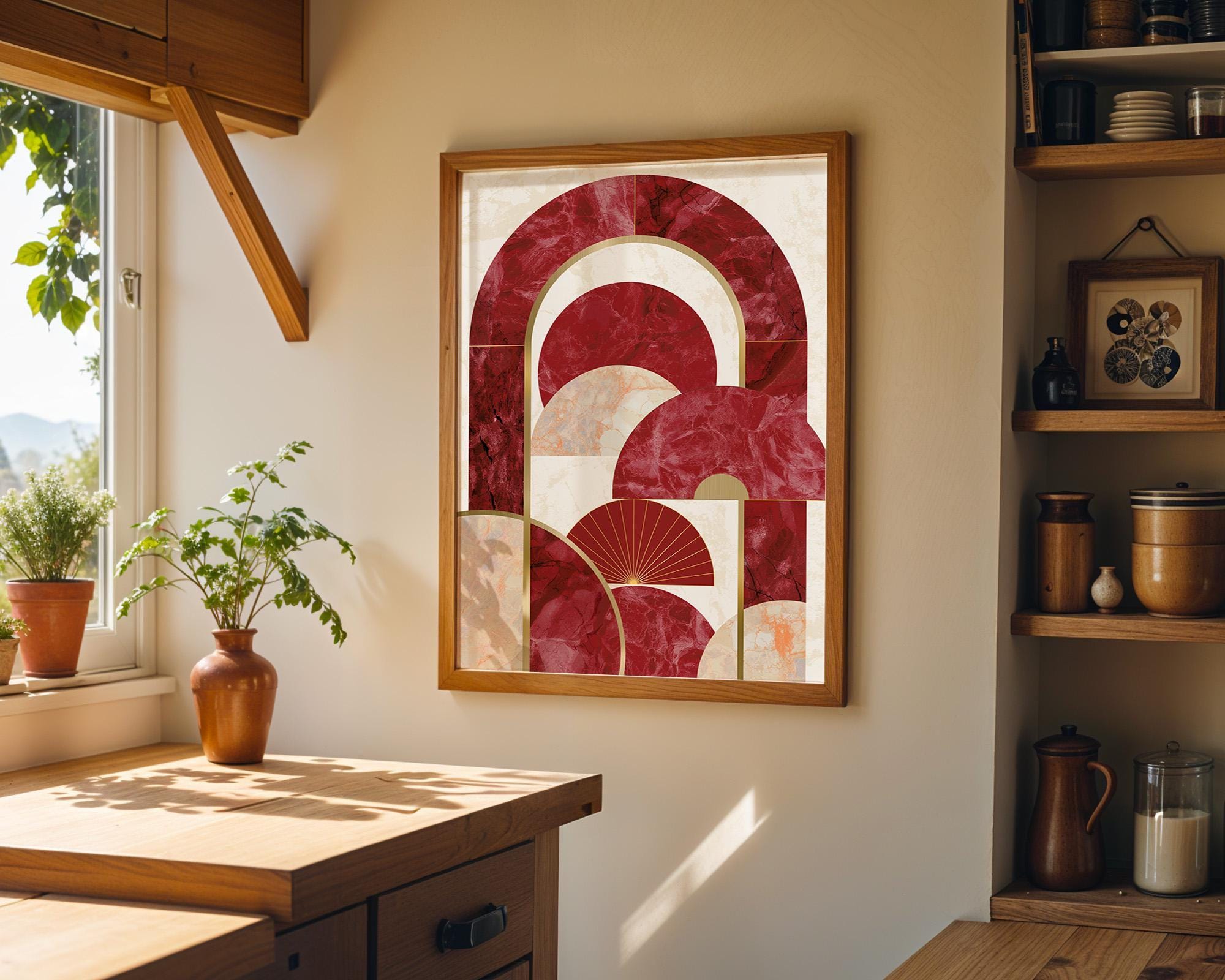 Neo Deco Burgundy Luxury Marble Abstract Geometric Arch Wall Art by The Wall Art Studio