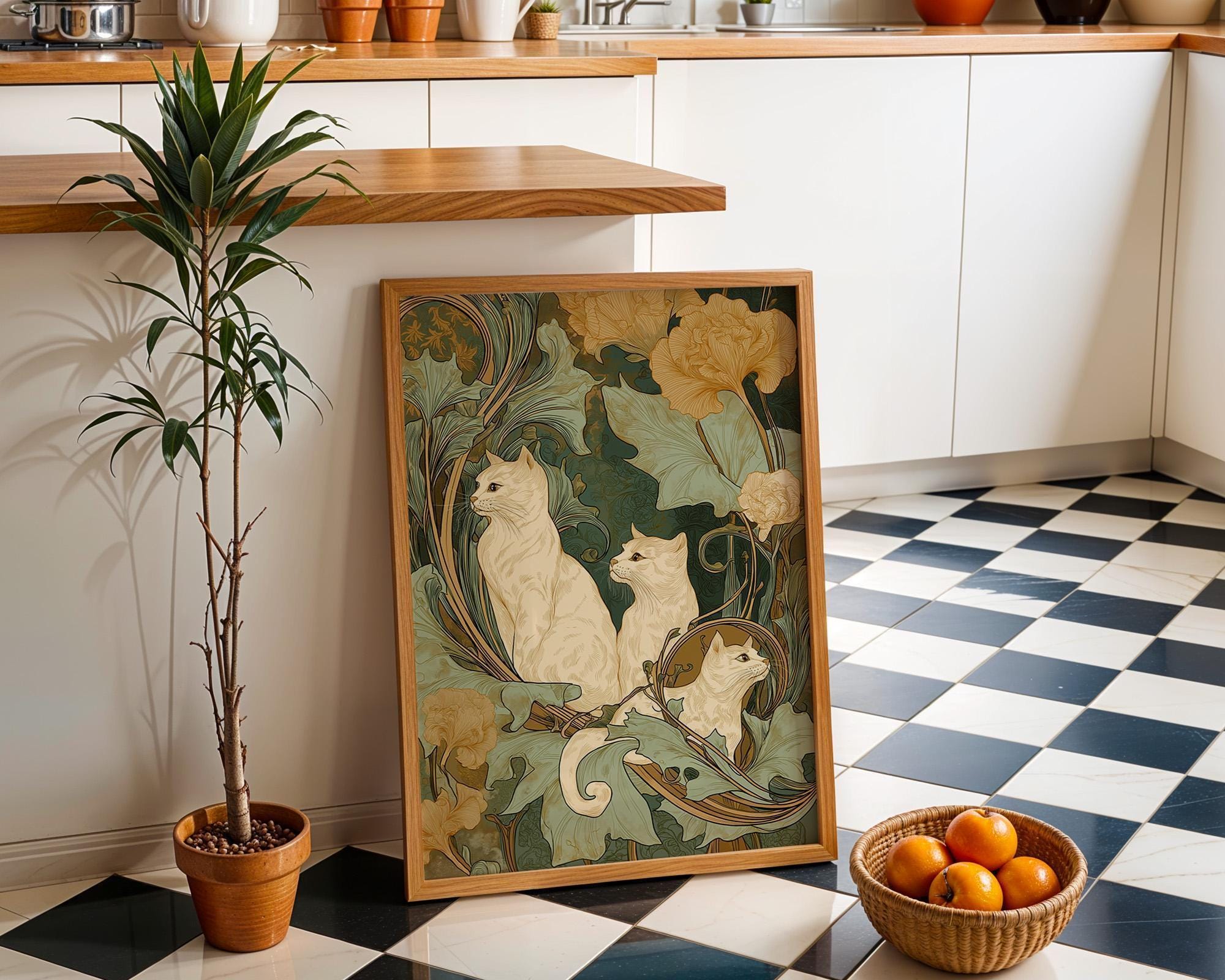 Art Nouveau Cat Botanical Feline William Morris Style Wall Art