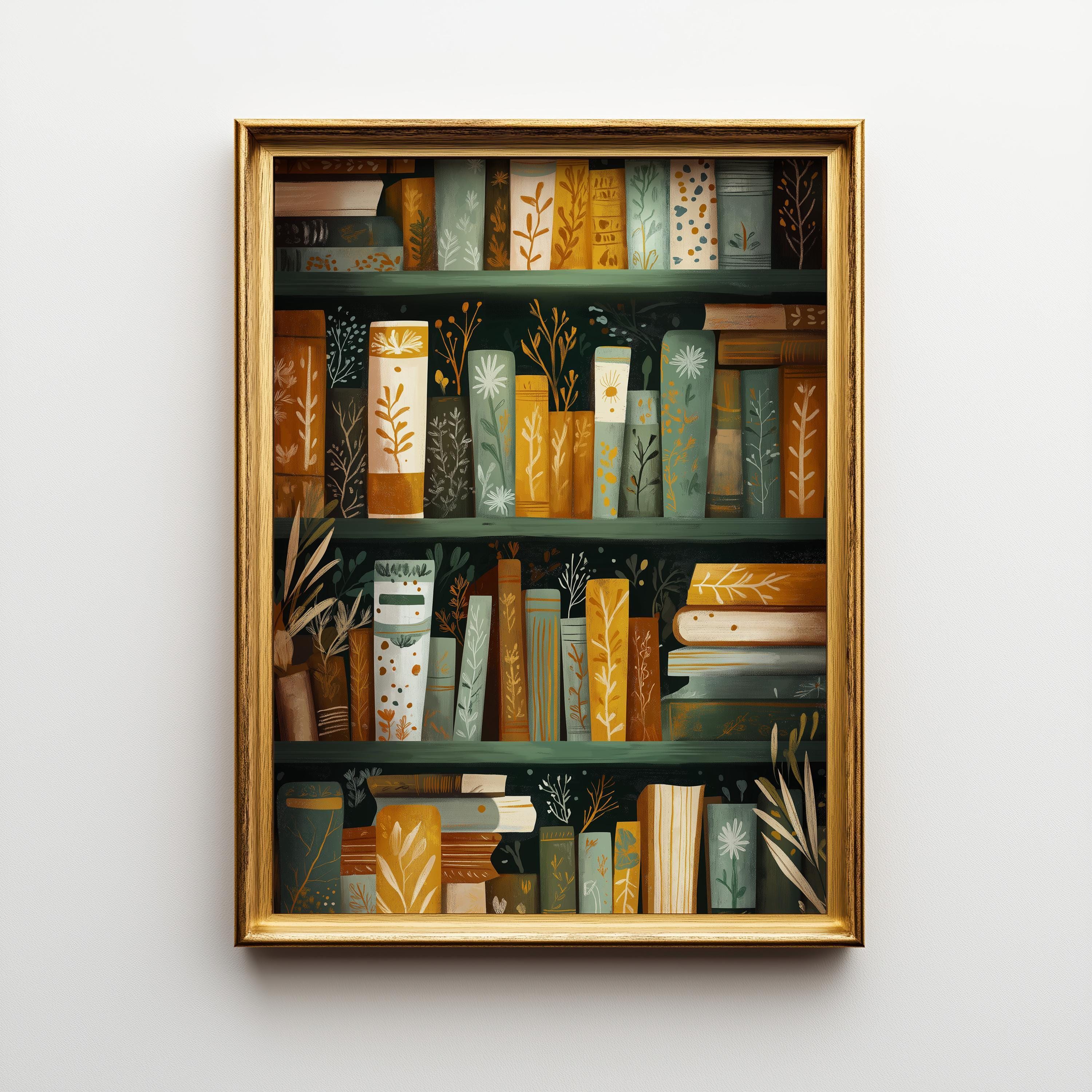 Floral Bookshelf Botanical Book Lover Whimsical Library Wall Art by The Wall Art Studio