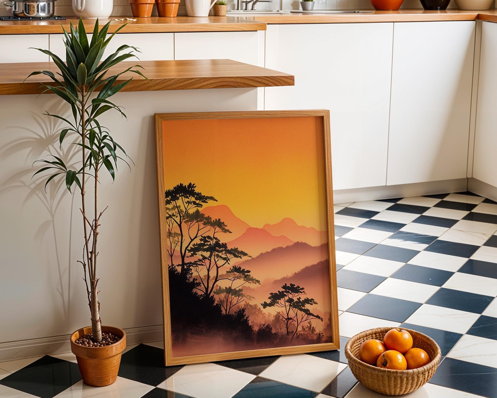 Sunset Japanese Mountain Warm Orange Forest Wall Art by The Wall Art Studio