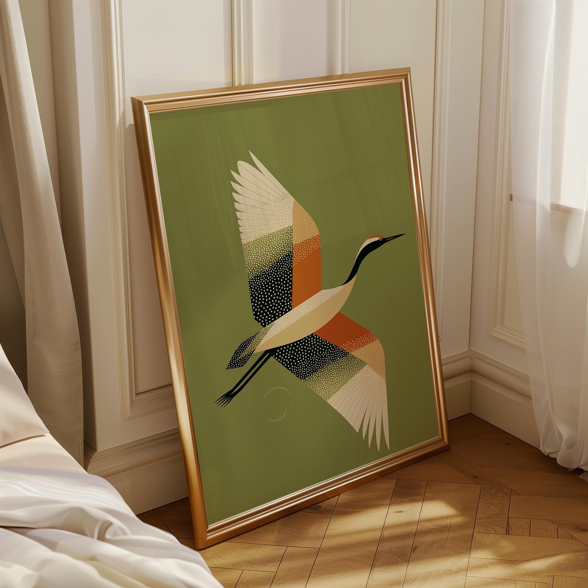 Mid Century Modern Crane Retro 1960s Wildlife Olive Green Wall Art by The Wall Art Studio