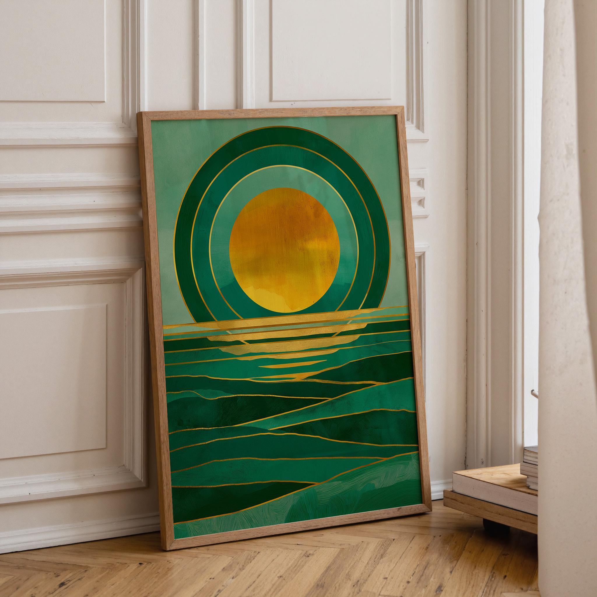 Art Deco Emerald Green Seascape Ocean Sunset Wall Art by The Wall Art Studio