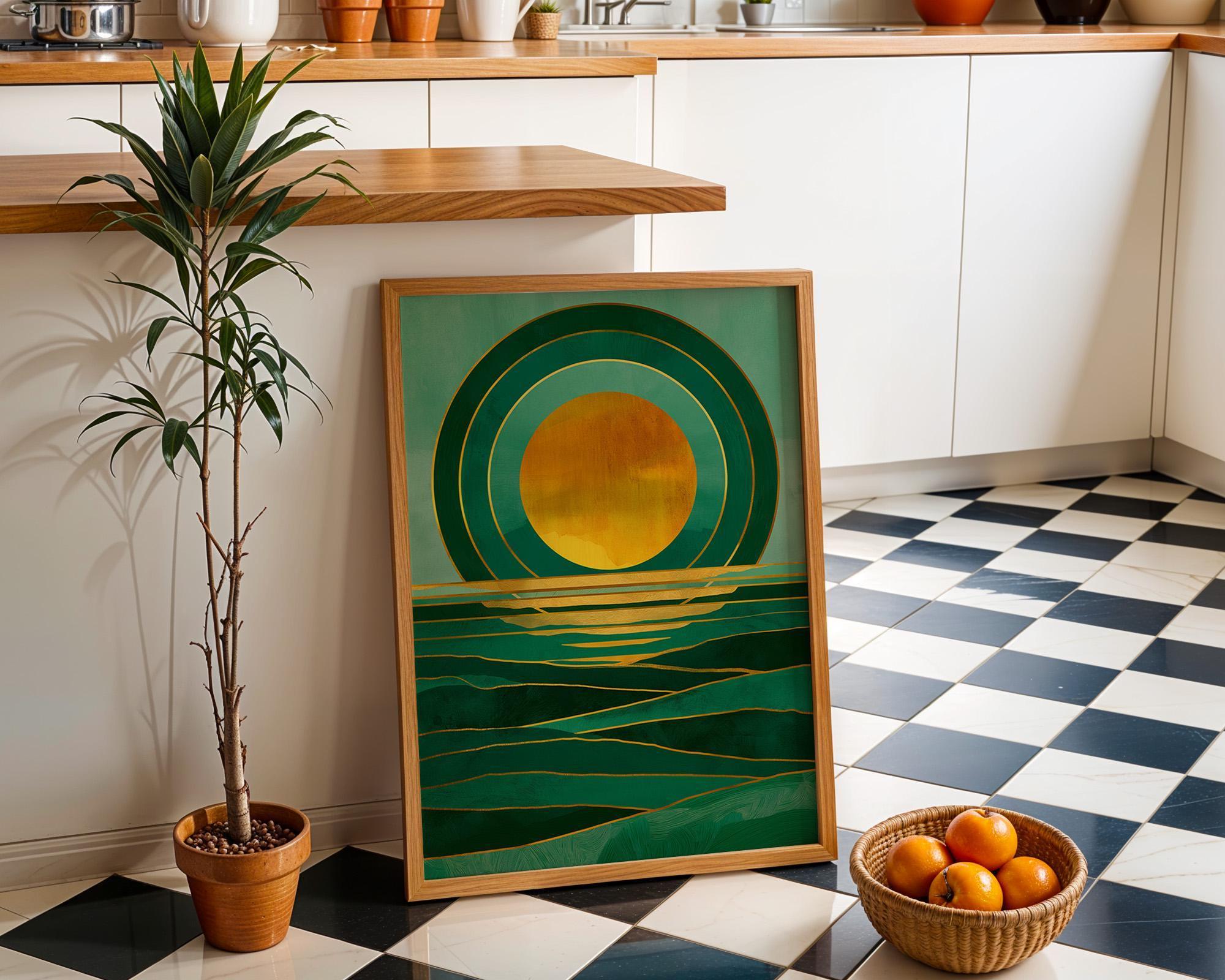 Art Deco Emerald Green Seascape Ocean Sunset Wall Art by The Wall Art Studio