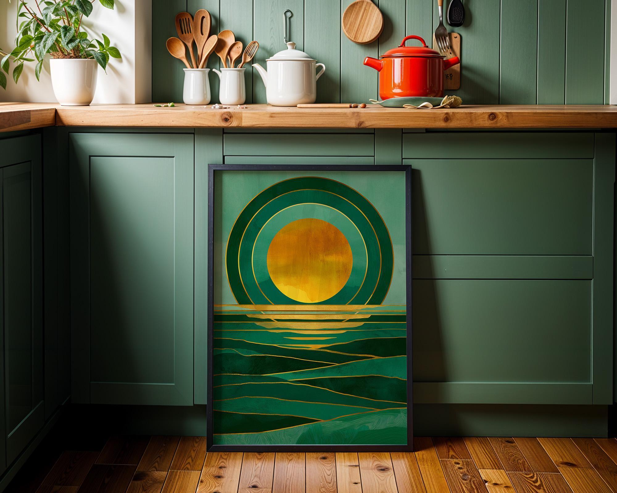 Art Deco Emerald Green Seascape Ocean Sunset Wall Art by The Wall Art Studio