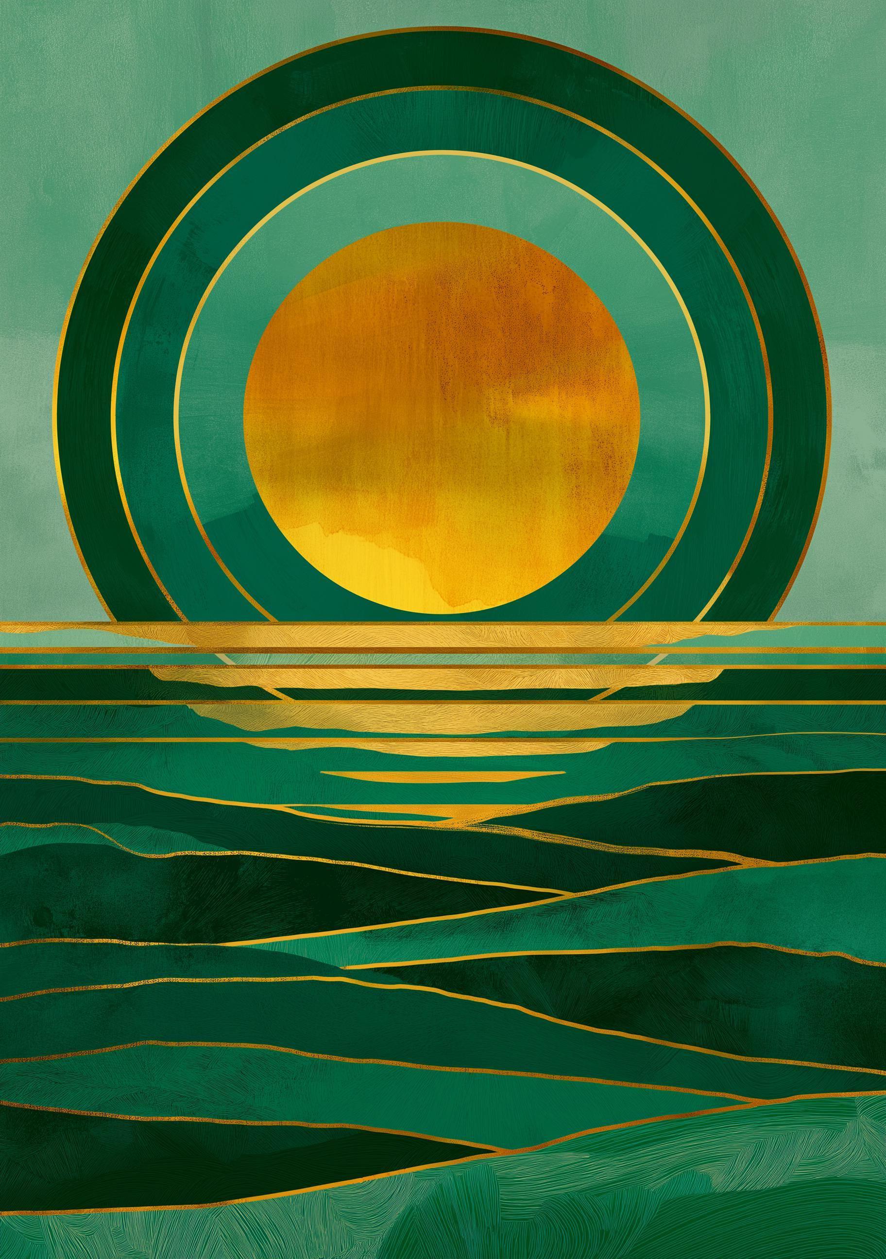 Art Deco Emerald Green Seascape Ocean Sunset Wall Art by The Wall Art Studio