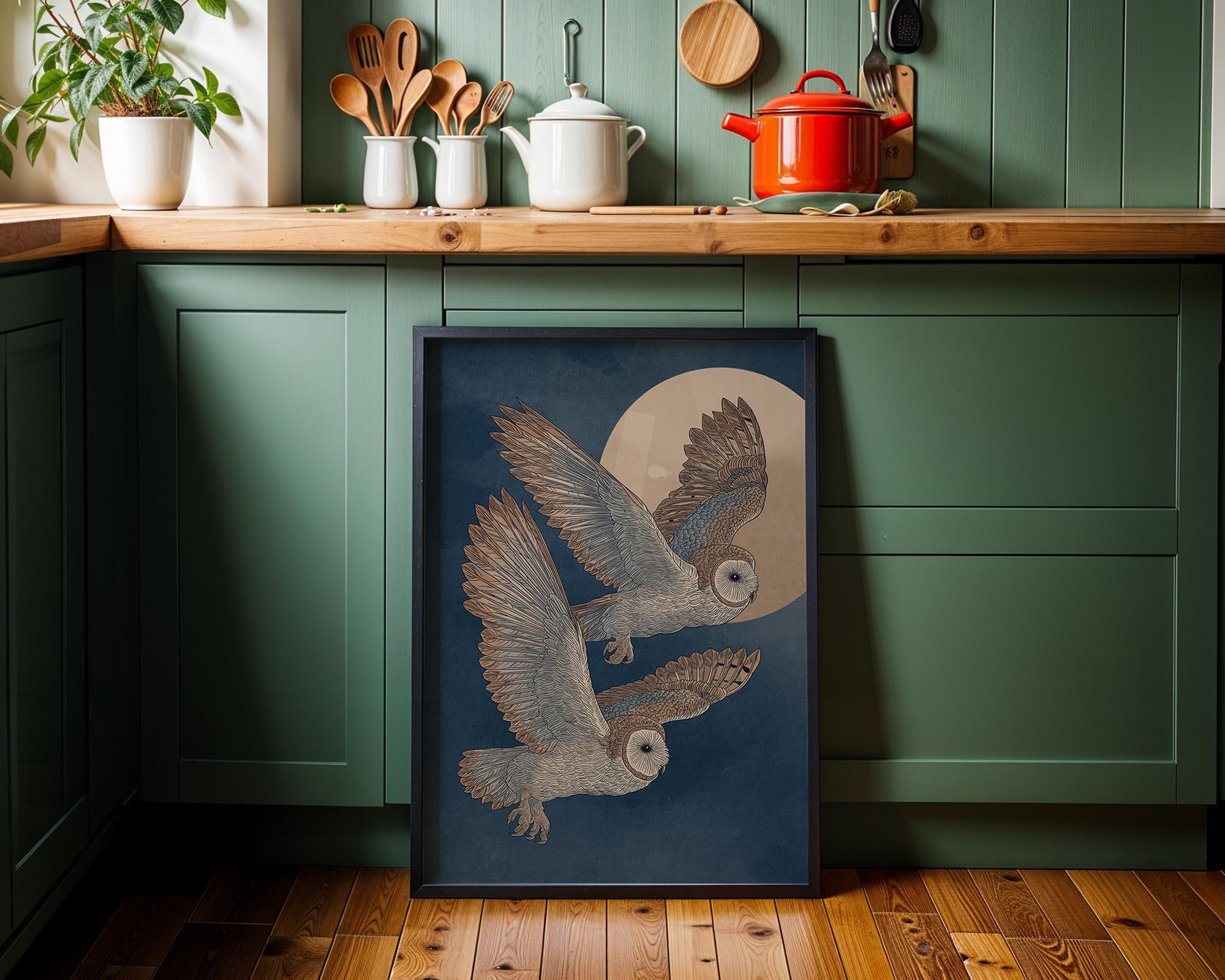 Japanese Style Owl Ukiyo-e Inspired Night Moon Wall Art by The Wall Art Studio