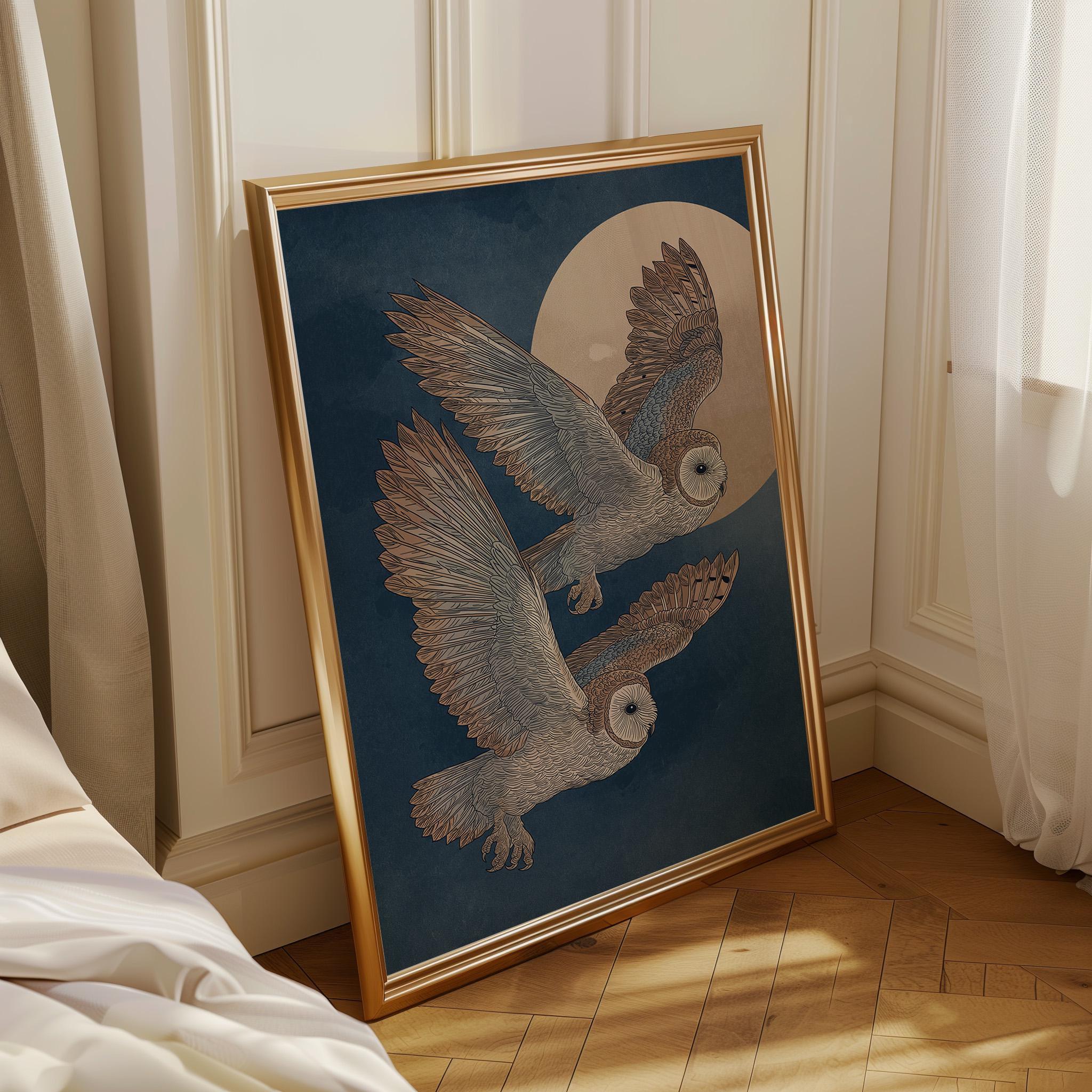 Japanese Style Owl Ukiyo-e Inspired Night Moon Wall Art by The Wall Art Studio