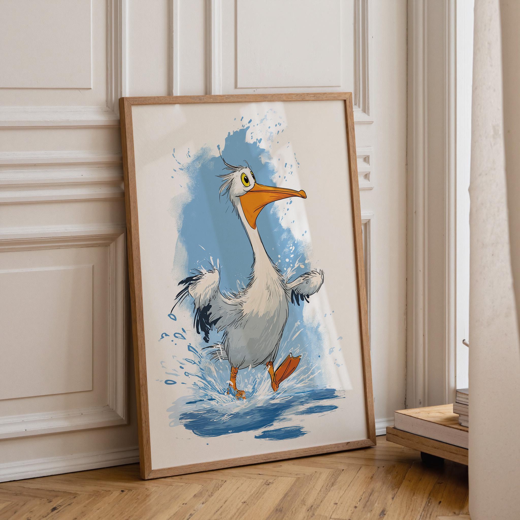 Funny Pelican Cute Cartoon Splashing Pelican Coastal Nursery Wall Art by The Wall Art Studio