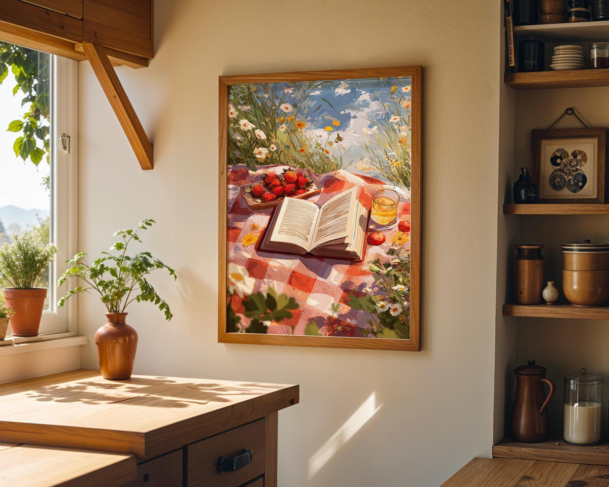 Summer Picnic Strawberry Field Reading Floral Meadow Wall Art by The Wall Art Studio