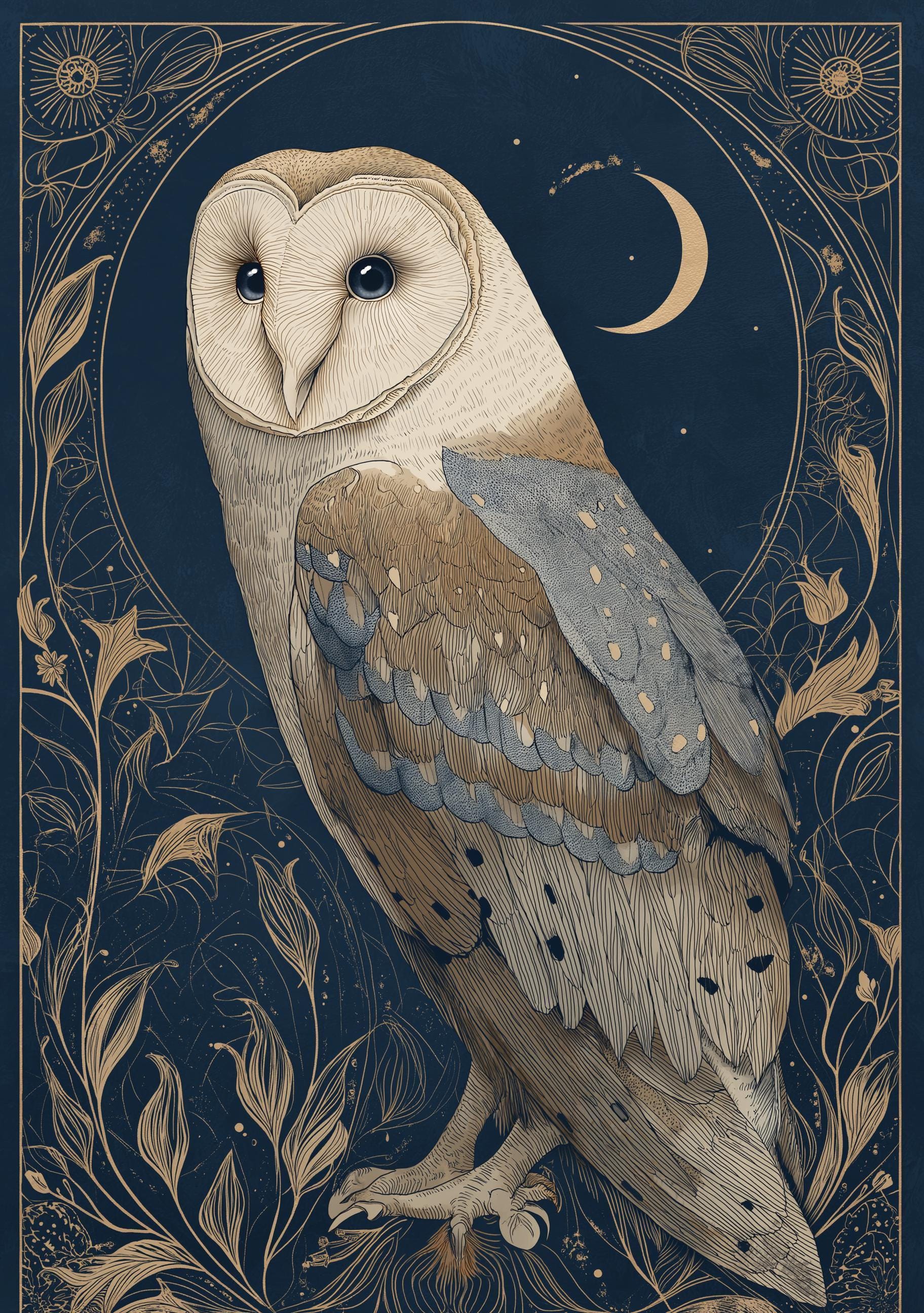 Art Nouveau Barn Owl Botanical William Morris Style Wall Art