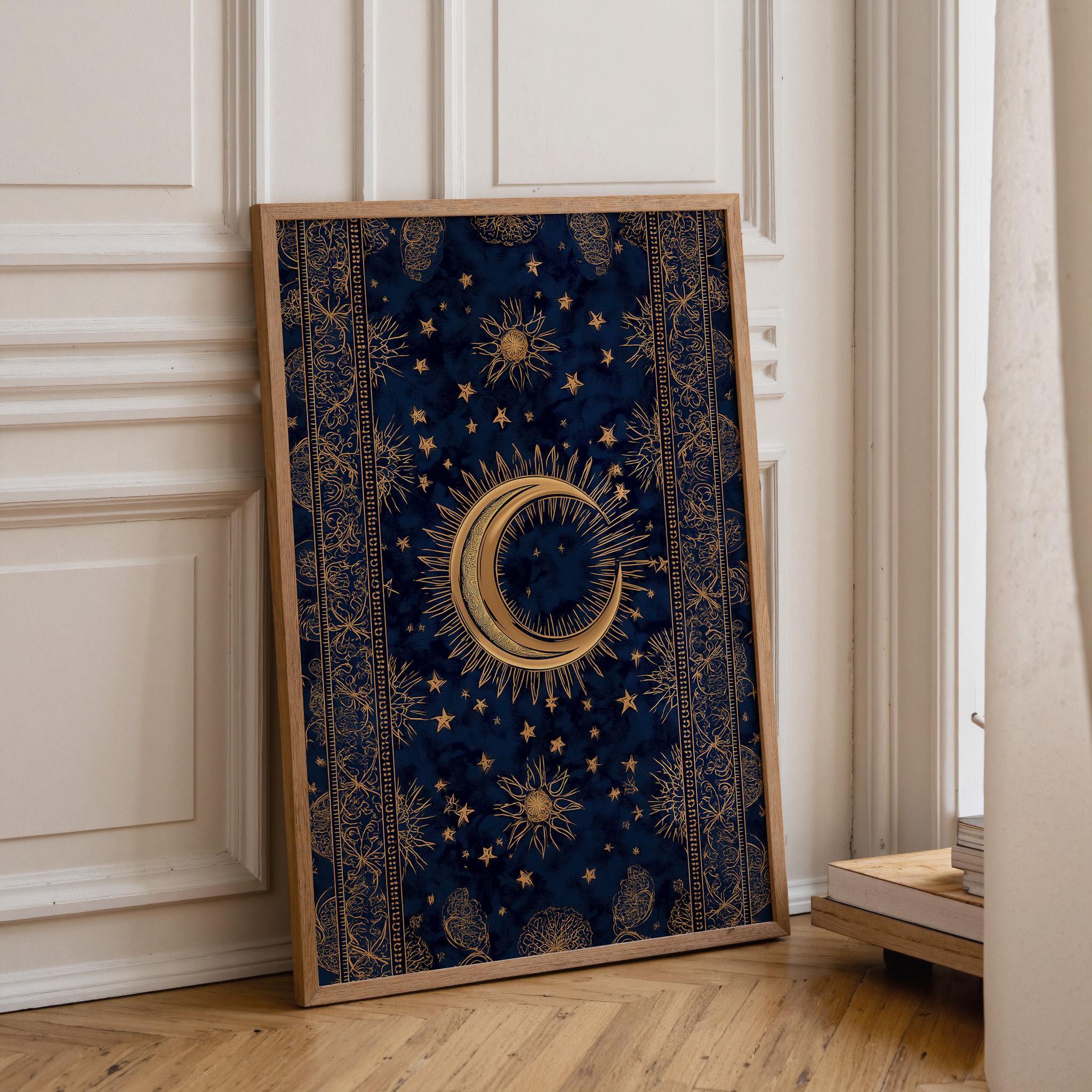 Islamic Crescent Moon Celestial Blue & Gold Starry Night Wall Art by The Wall Art Studio