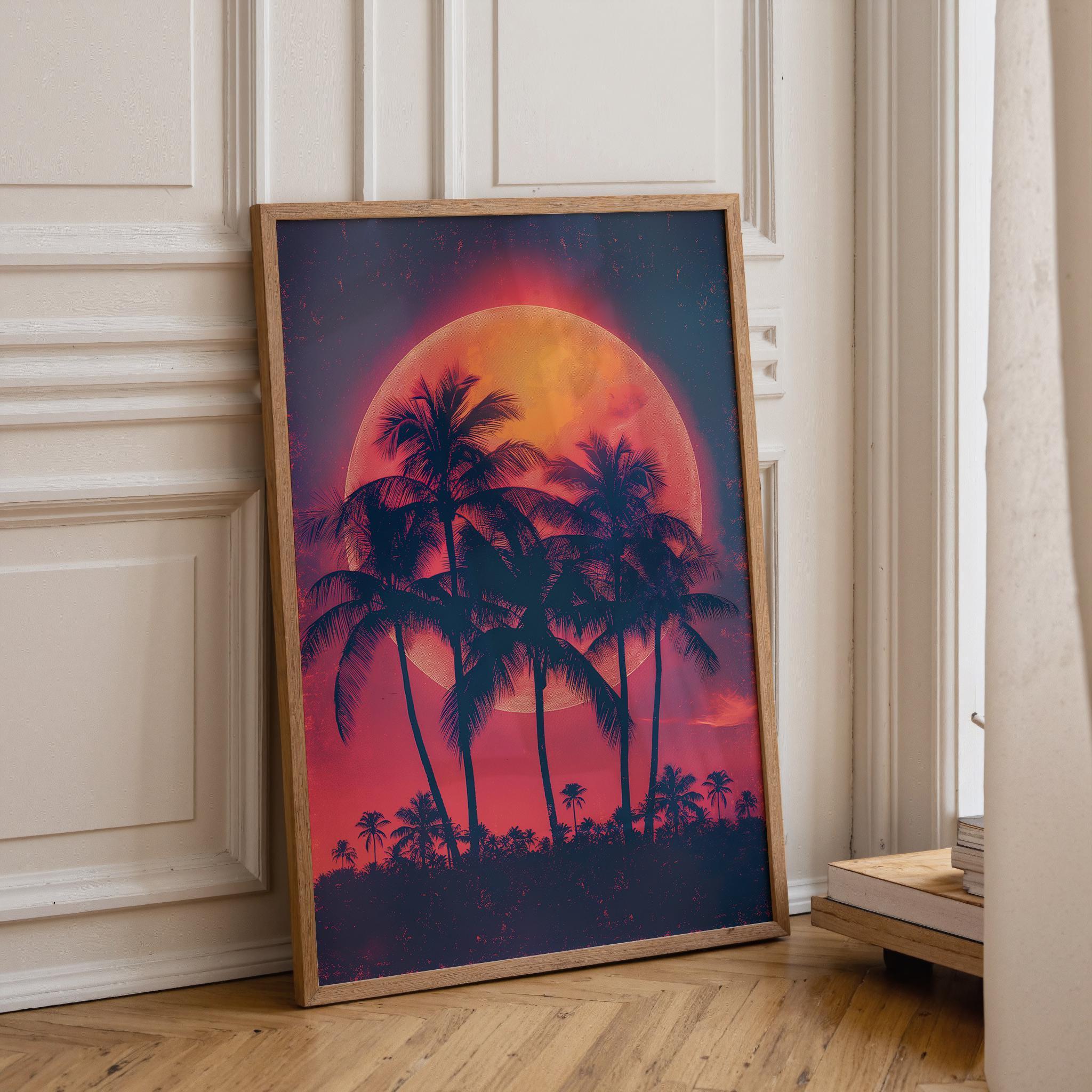 1980s Miami Sunset Synthwave Palm Tree Wall Art by The Wall Art Studio