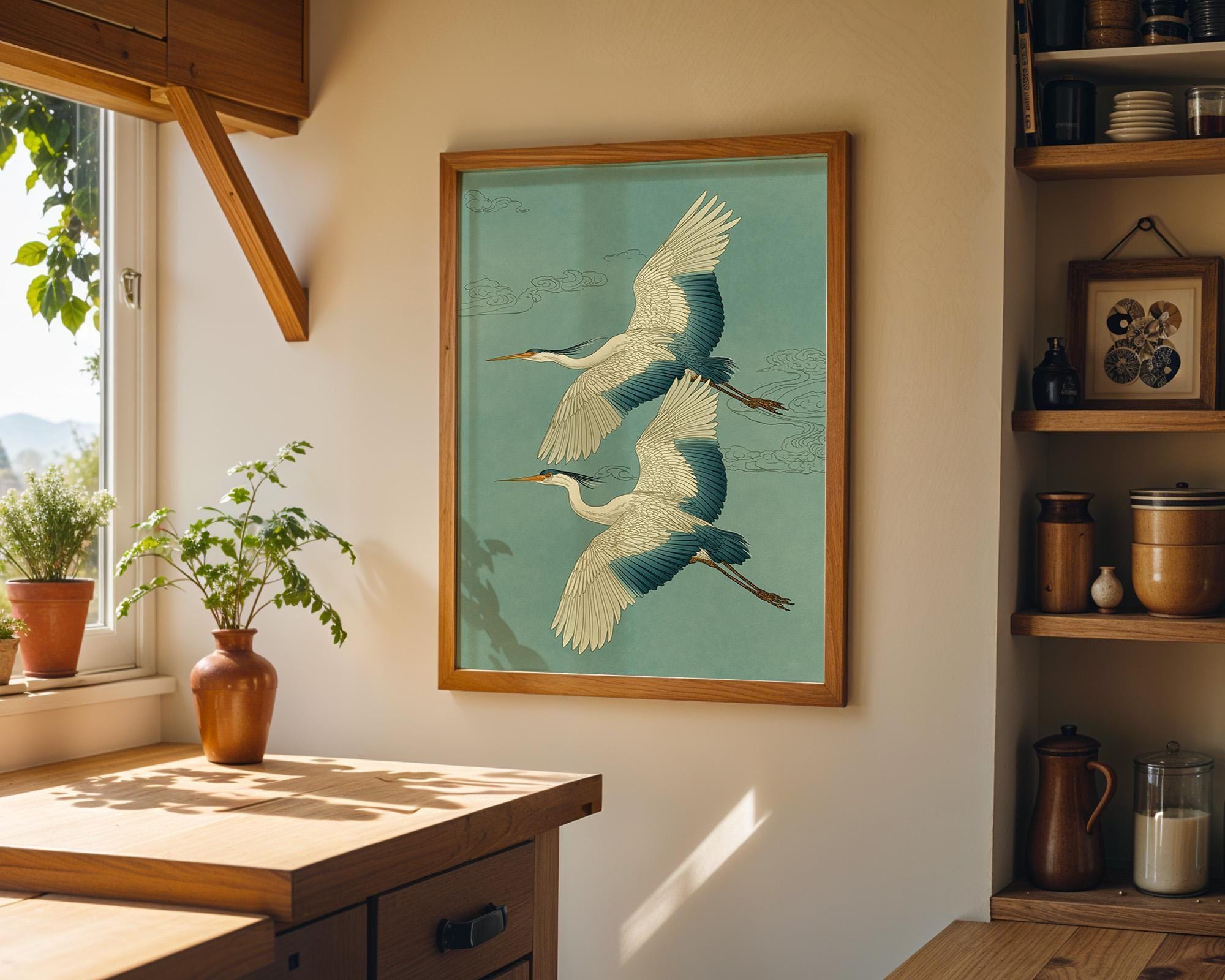 Japanese Crane Ukiyo-e Inspired Japandi Teal Heron by The Wall Art Studio