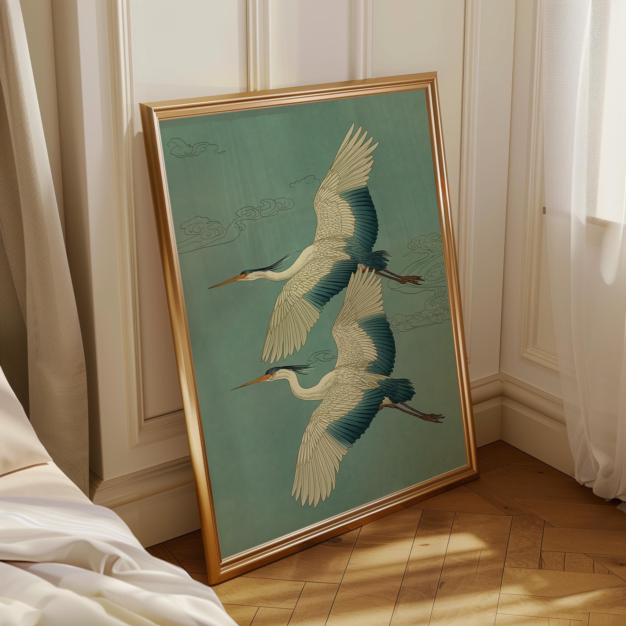 Japanese Crane Ukiyo-e Inspired Japandi Teal Heron by The Wall Art Studio