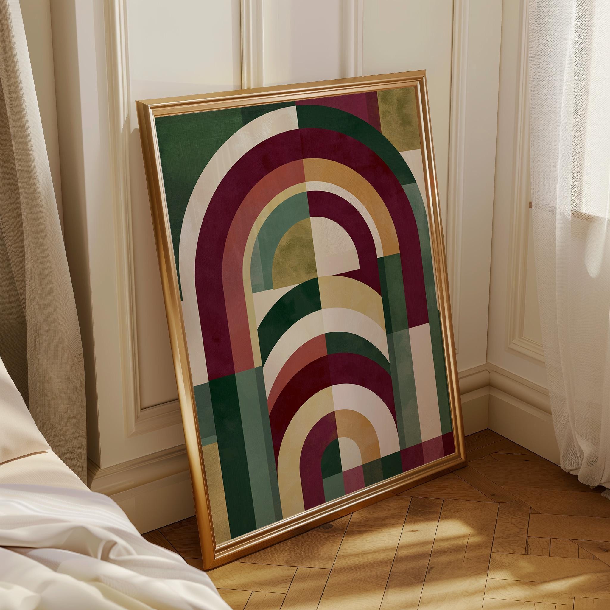 Burgundy, Green & Gold Neo Deco Geometric Arch Wall Art by The Wall Art Studio