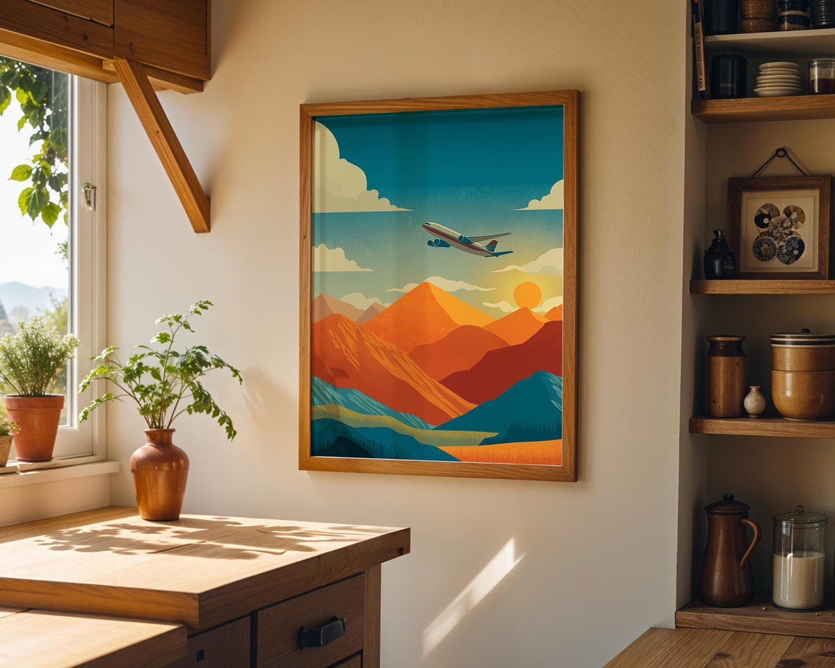 Airplane Travel Mountain Landscape Mid Century Modern Wall Art by The Wall Art Studio