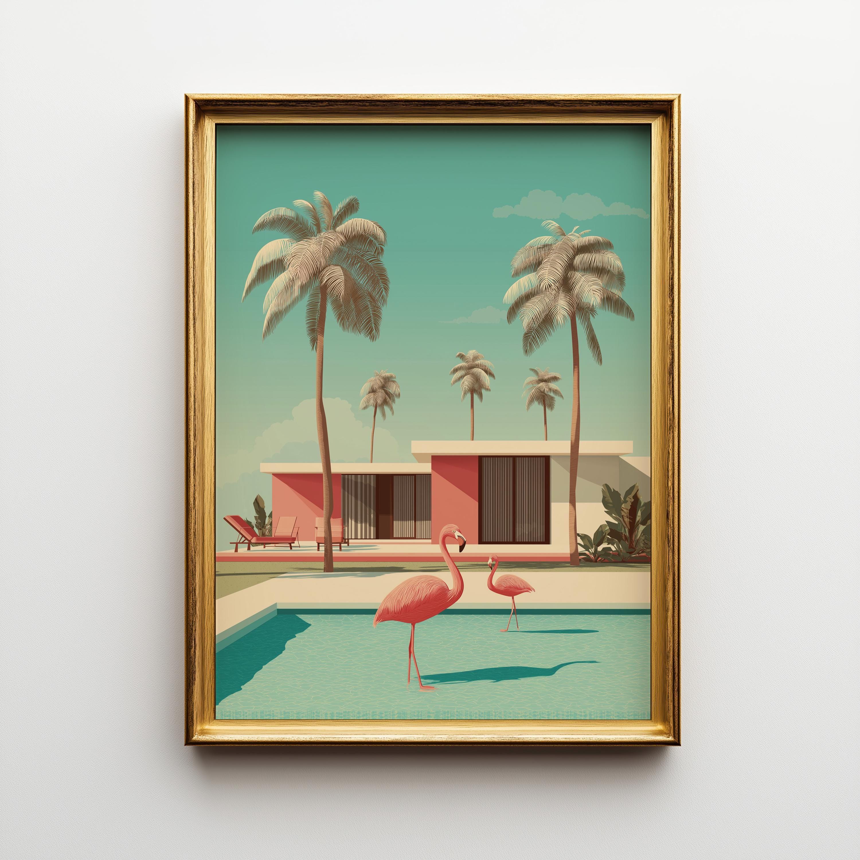 Mid Century Modern Flamingo in Pool Palm Springs Retro Wall Art by The Wall Art Studio - physical