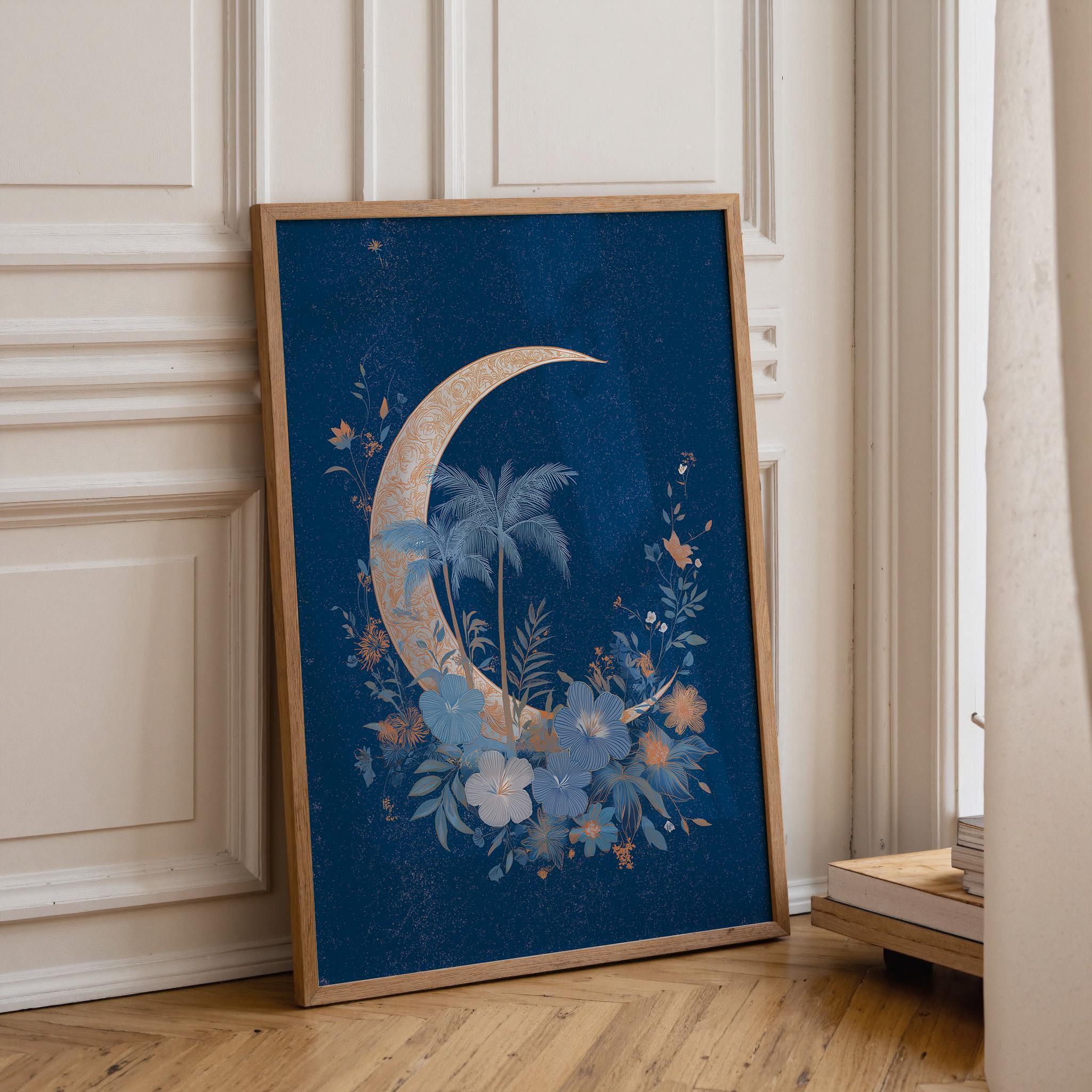 Blue Palm Tree Moon Celestial Tropical Boho Night Sky Wall Art by The Wall Art Studio
