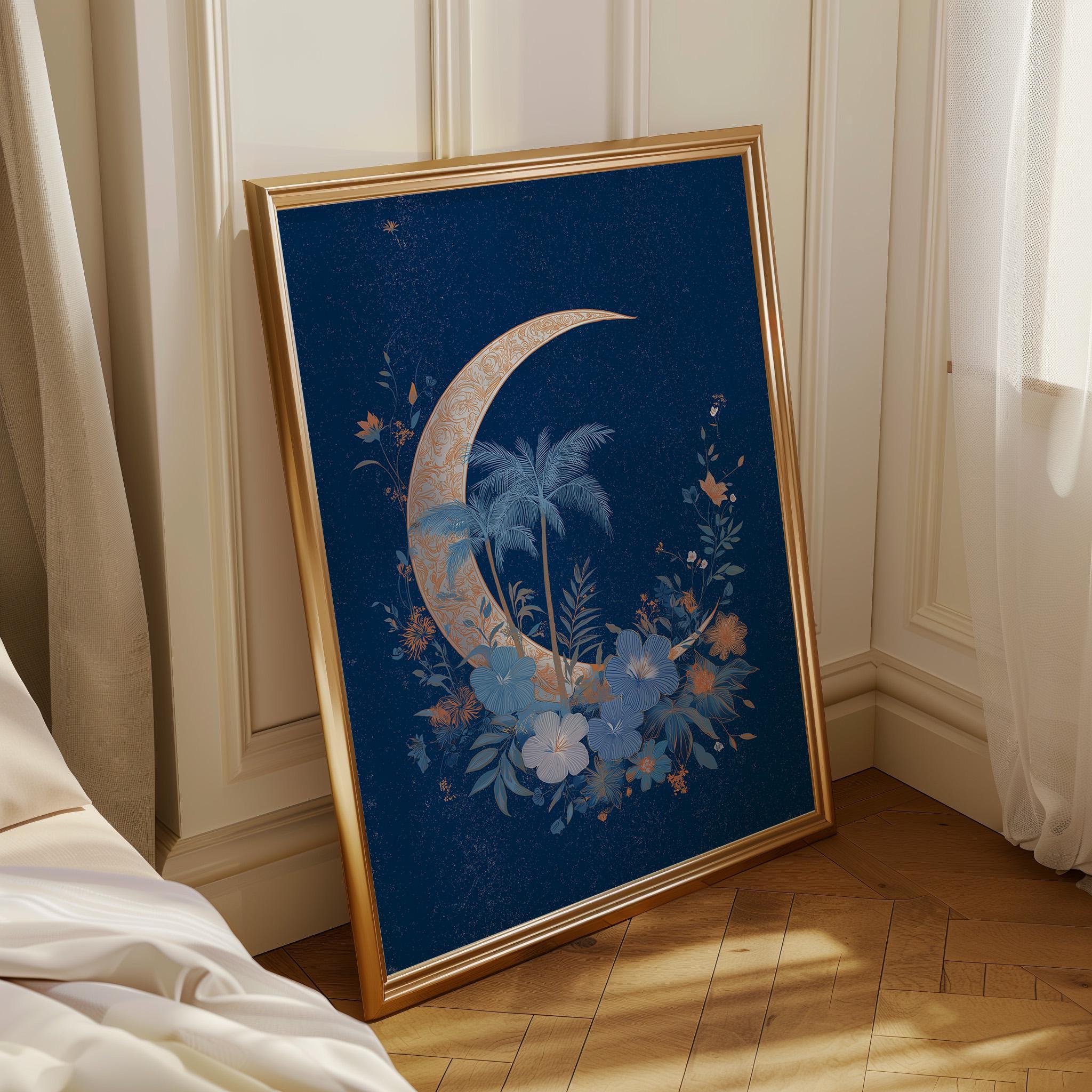 Blue Palm Tree Moon Celestial Tropical Boho Night Sky Wall Art by The Wall Art Studio