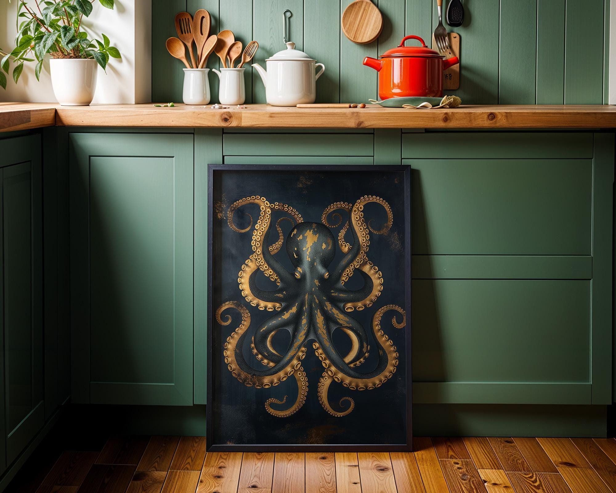 Octopus Nautical Coastal Blue and Gold Kraken Wall Art