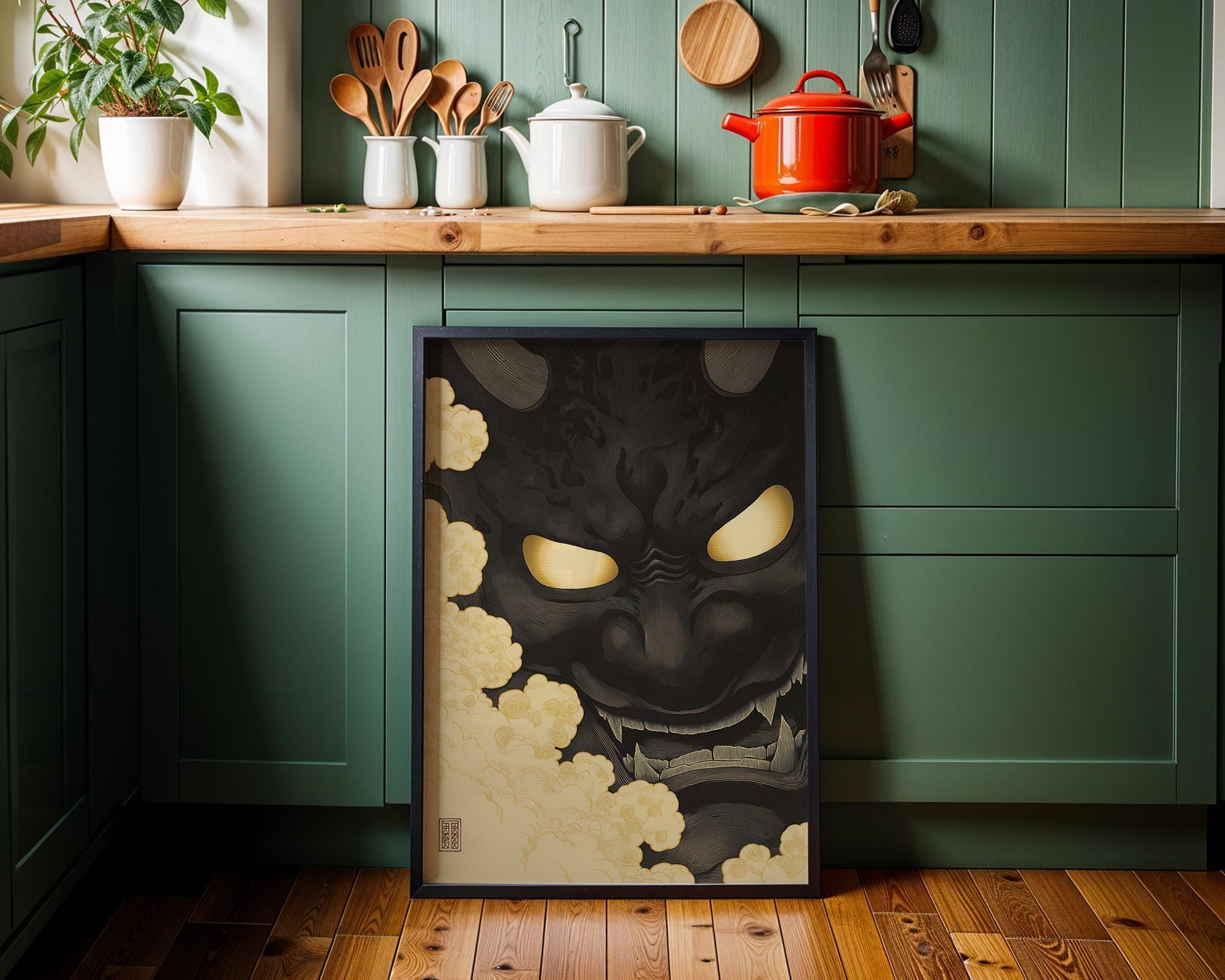 Black Oni Mask Wall Art, Japanese Demon Ukiyo-e Print, Gothic Samurai Decor (Framed Option)