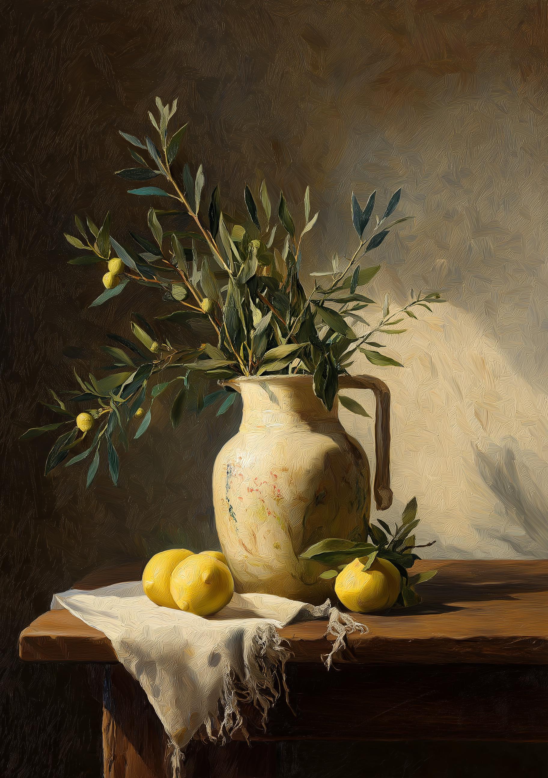 Mediterranean Still Life Olive Branch and Lemons Wall Art