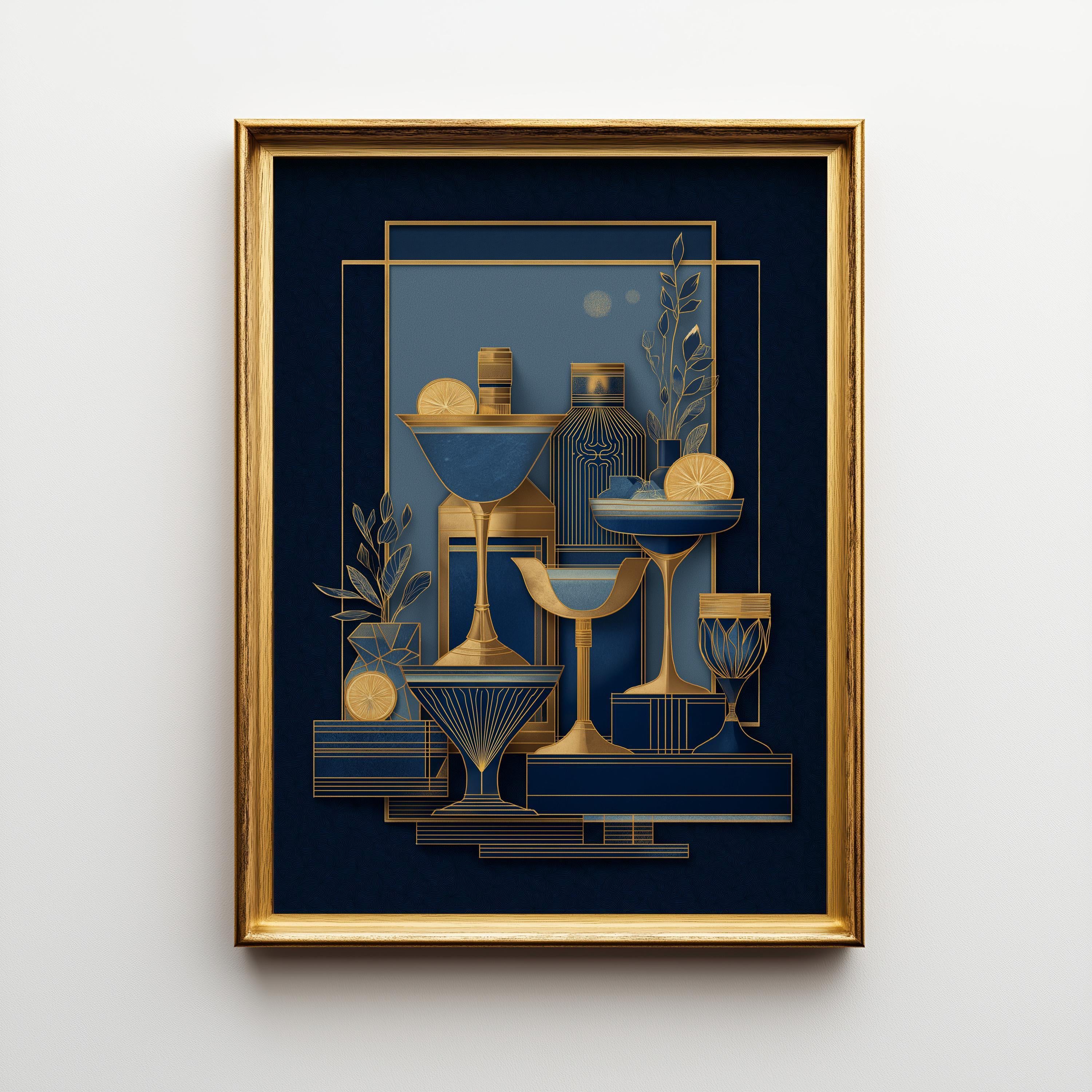 Art Deco Cocktail Wall Art Print, Minimalist Martini Illustration, Blue and Gold Bar Décor