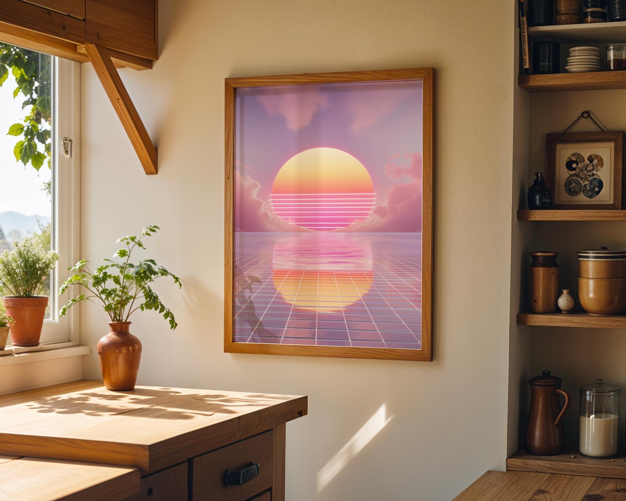 Neon 80s Vaporwave Synthwave Sunset Wall Art by The Wall Art Studio