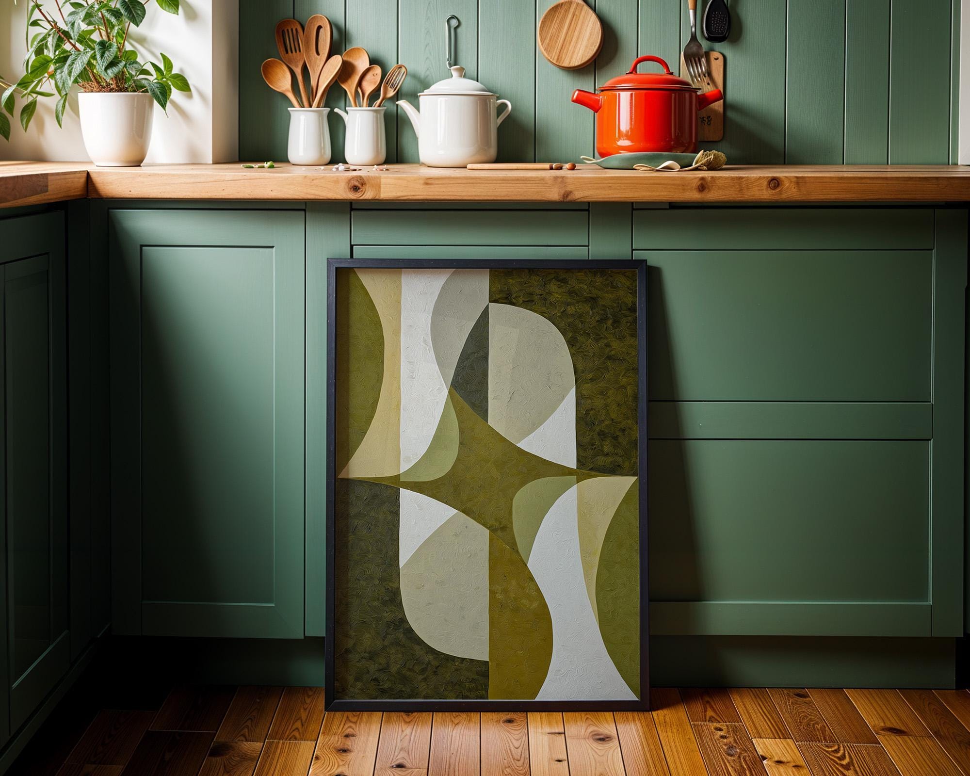 Olive Green Mid Century Modern GeometricRetro Abstract Scandinavian Wall Art by The Wall Art Studio - physical