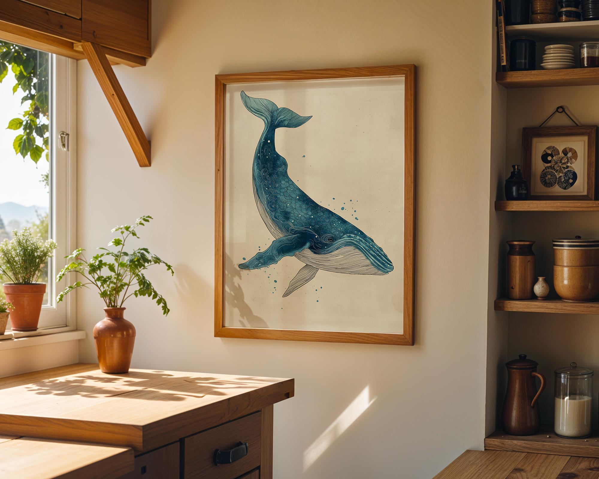 Vintage Whale Illustration Coastal Ocean Minimalist Sea Life Wall Art