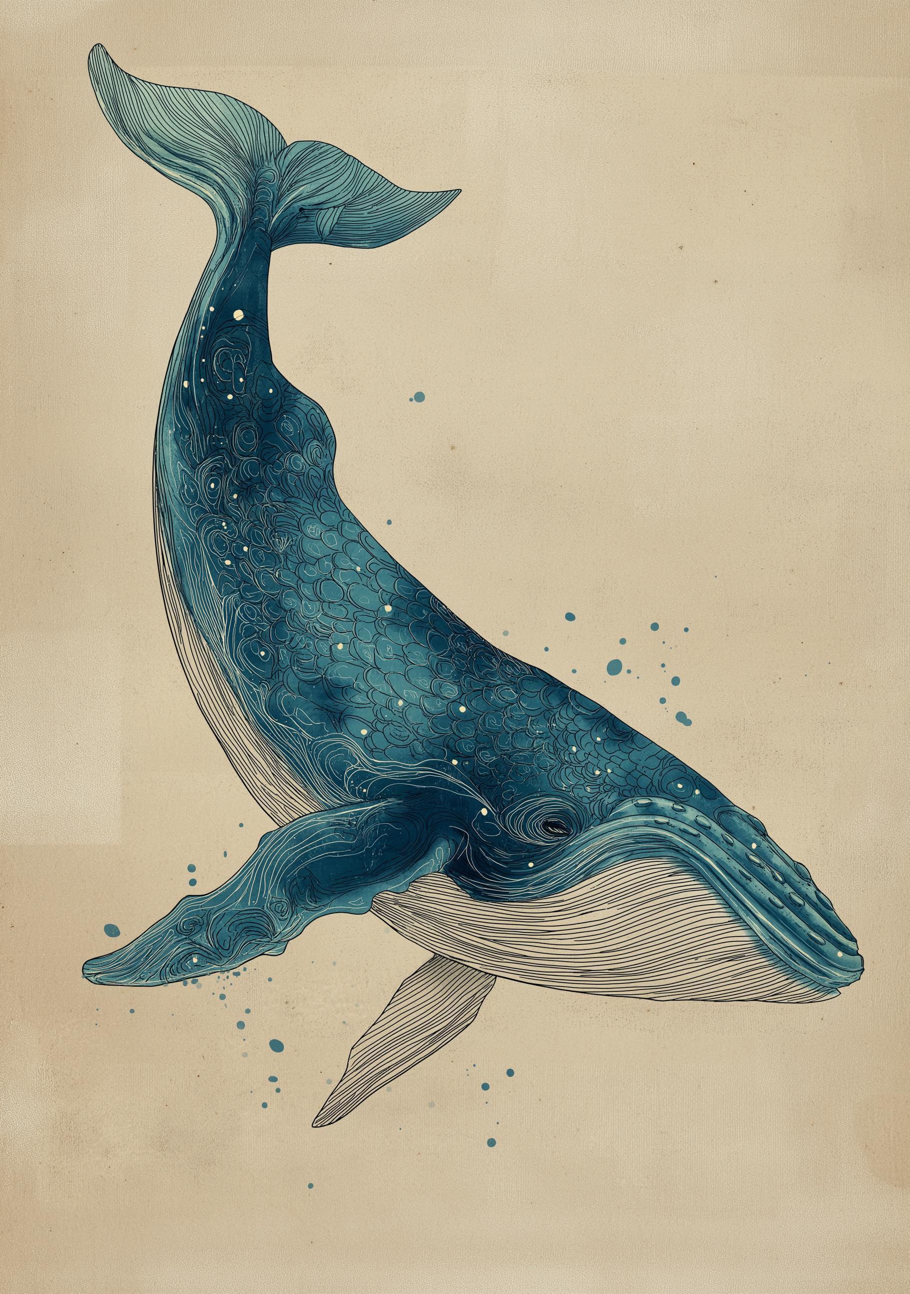 Vintage Whale Illustration Coastal Ocean Minimalist Sea Life Wall Art
