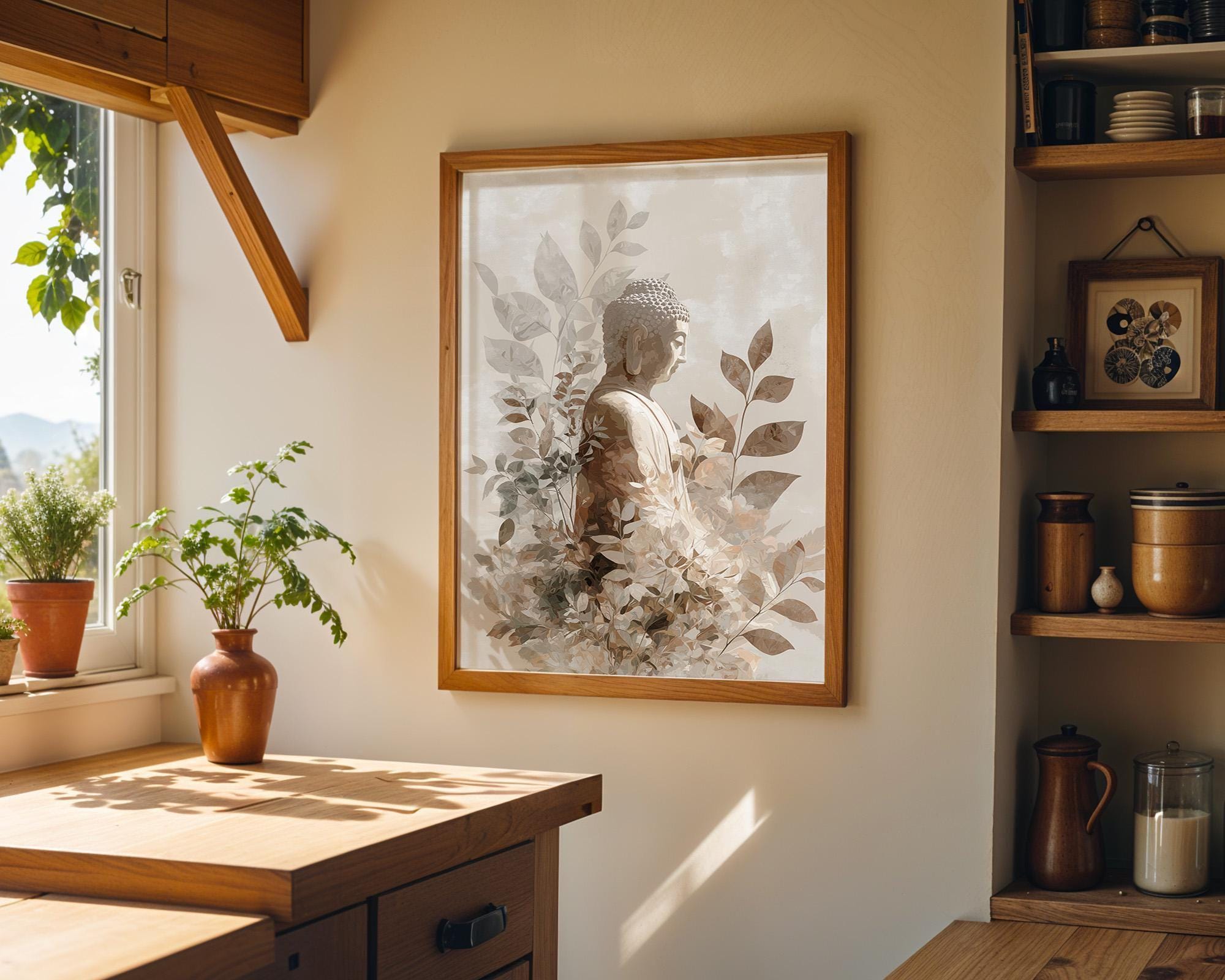 Buddha Wall Art Print, Botanical Buddhist, Calm Meditation Décor, Neutral Spiritual Home Art