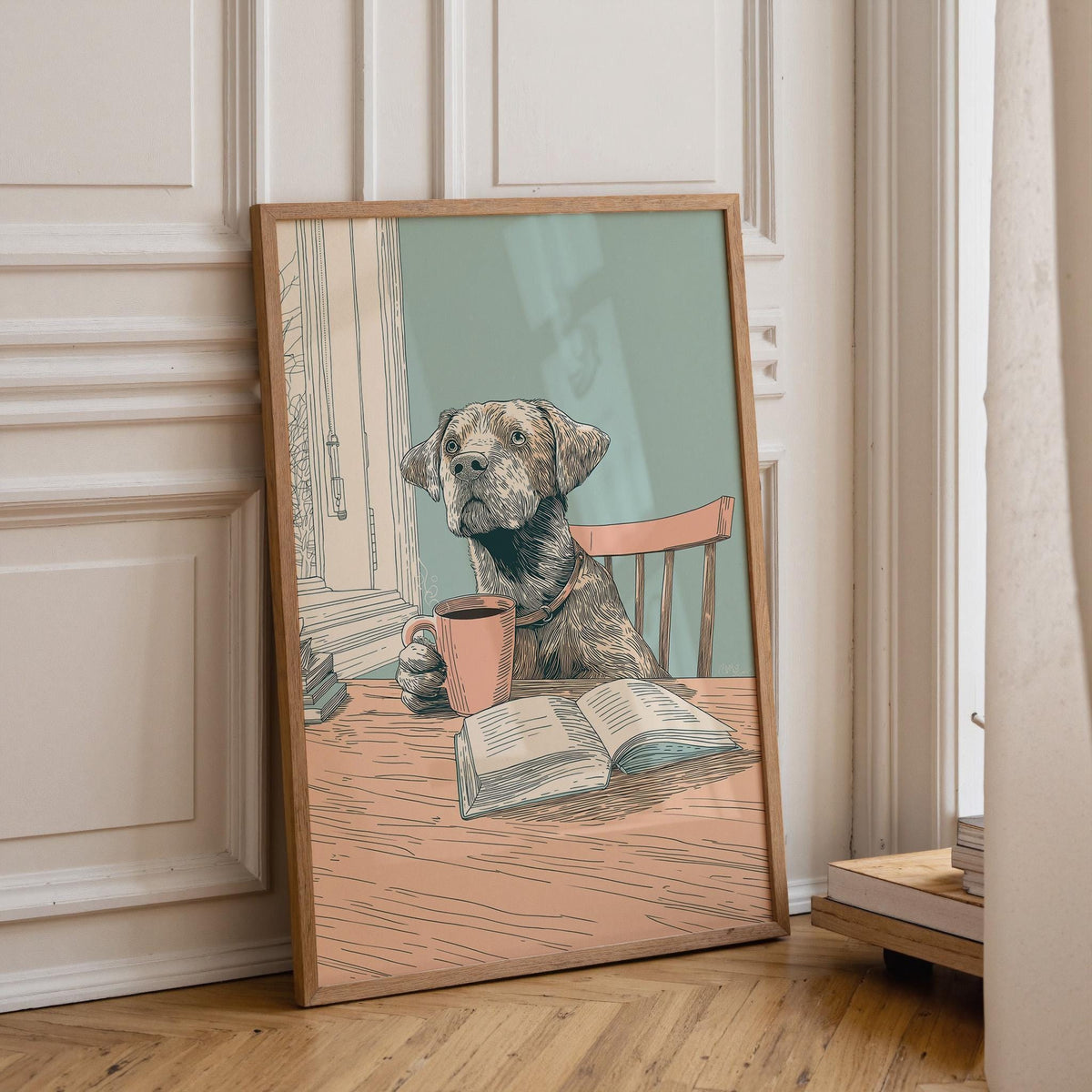 Dog Reading with Coffee Book Lover Wall Art by The Wall Art Studio