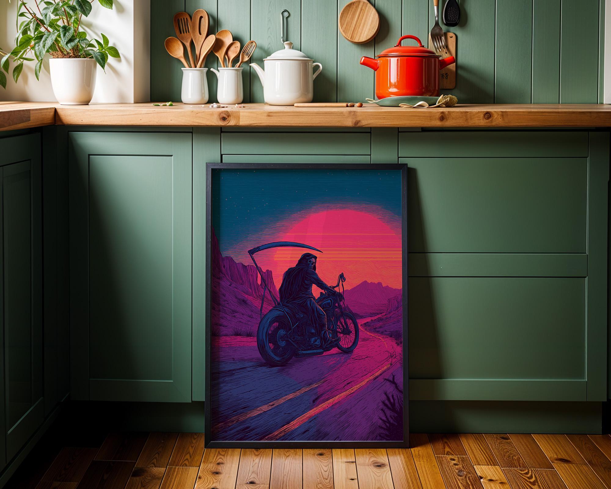 Neon Retro Synthwave Grim Reaper Motorcycle Wall Art by The Wall Art Studio