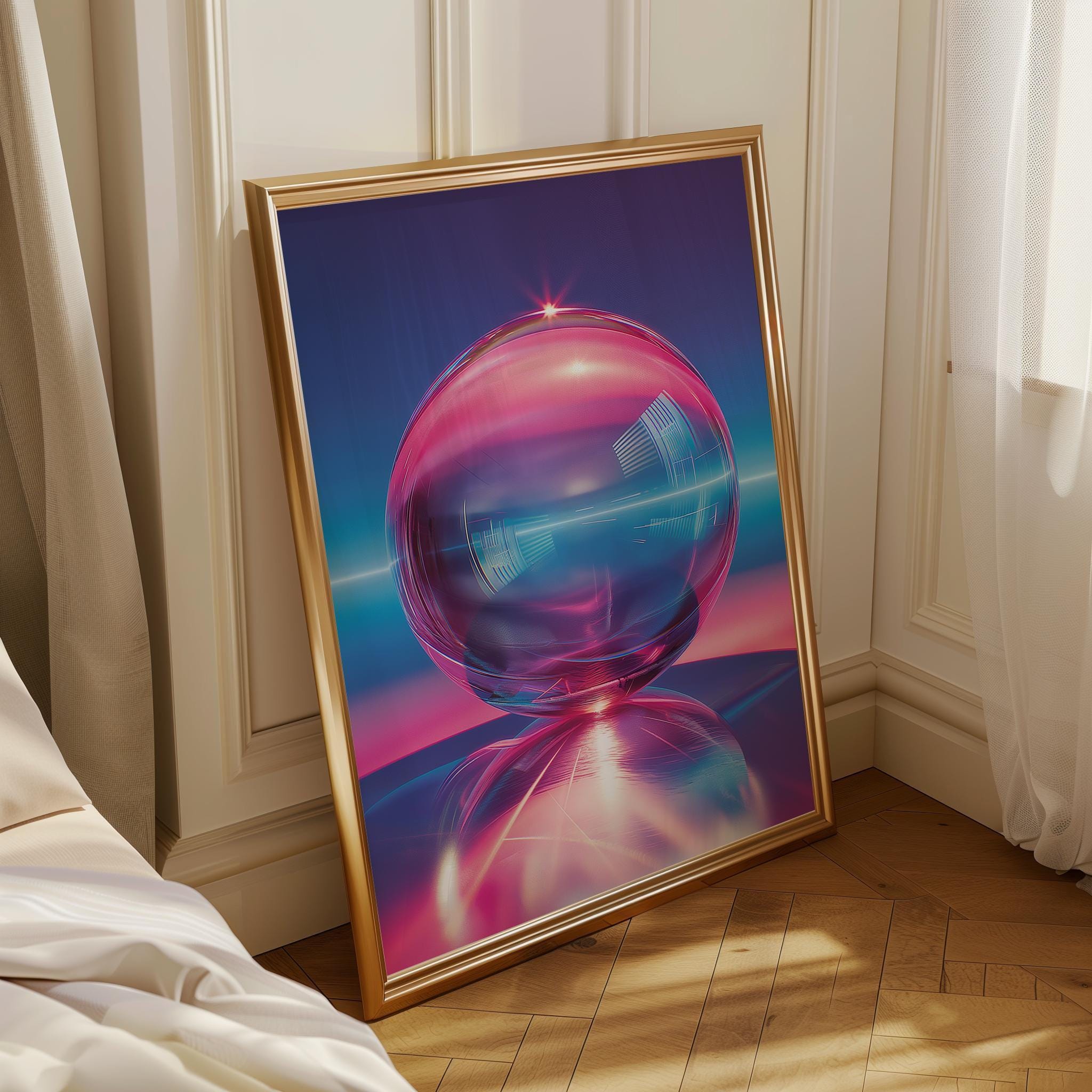 1980s Retro Futuristic Neon Synthwave Chrome Sphere Cyberpunk Wall Art by The Wall Art Studio