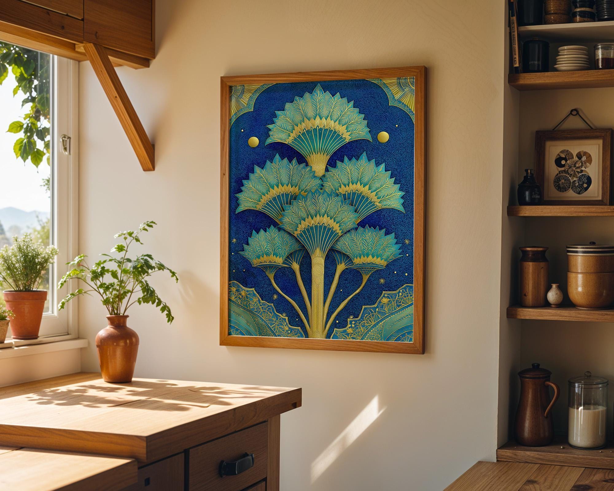 Islamic Palm Tree Blue & Gold Moroccan Boho Wall Art by The Wall Art Studio