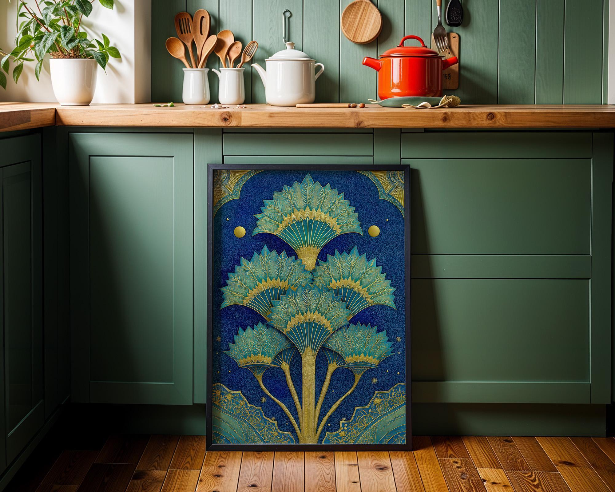 Islamic Palm Tree Blue & Gold Moroccan Boho Wall Art by The Wall Art Studio