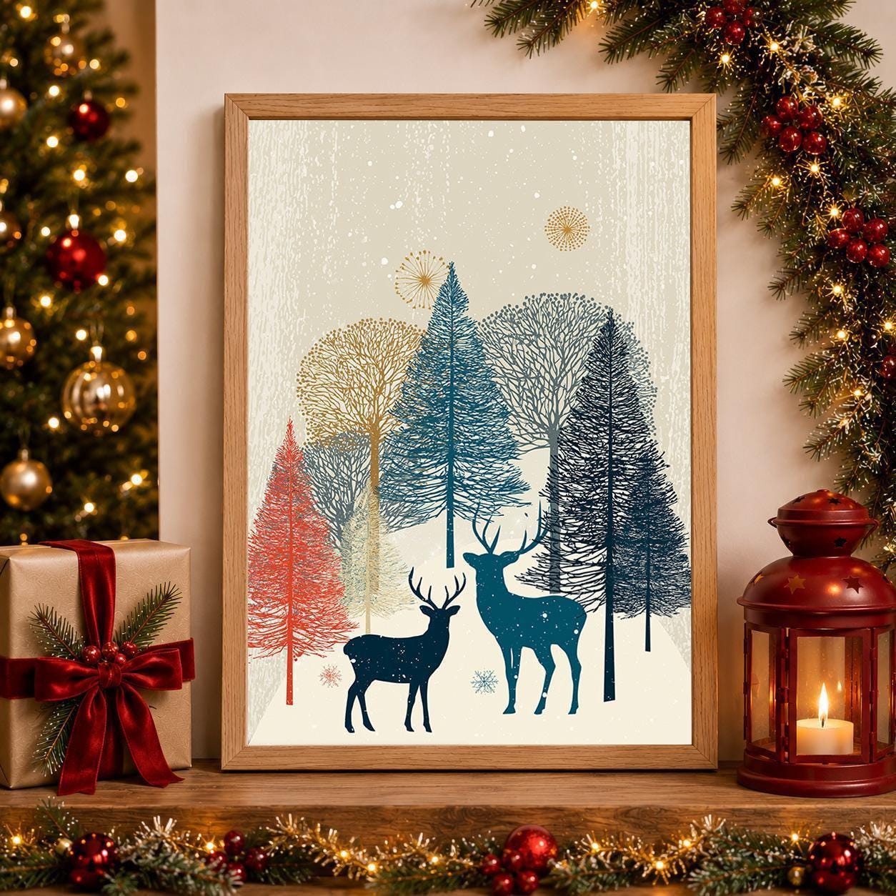 Scandinavian Christmas Nordic Winter Forest Reindeer Wall Art by The Wall Art Studio